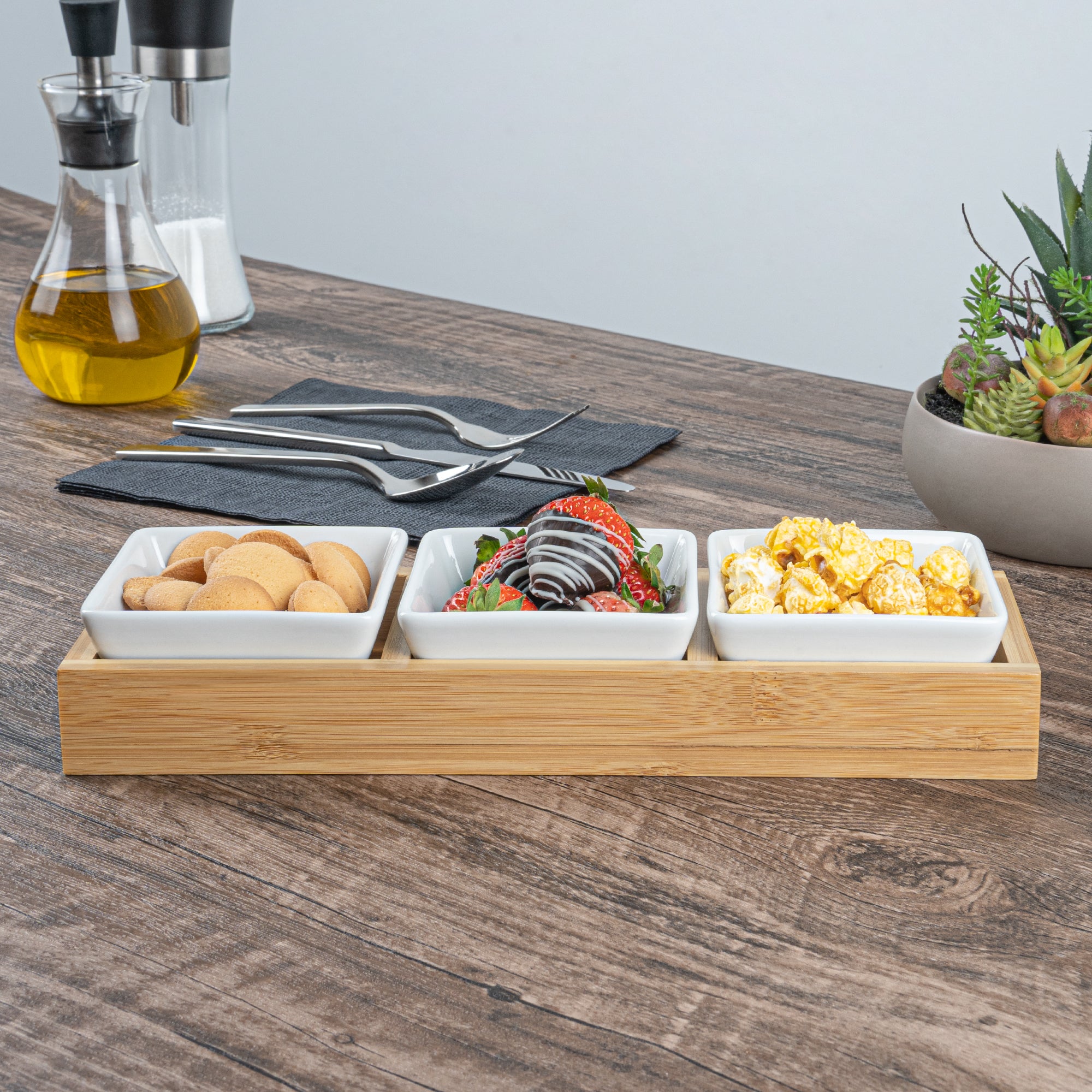 Premium 6 oz White Porcelain Modern Bowl Set with Bamboo Tray - 3 Rectangle Bowls (11.75