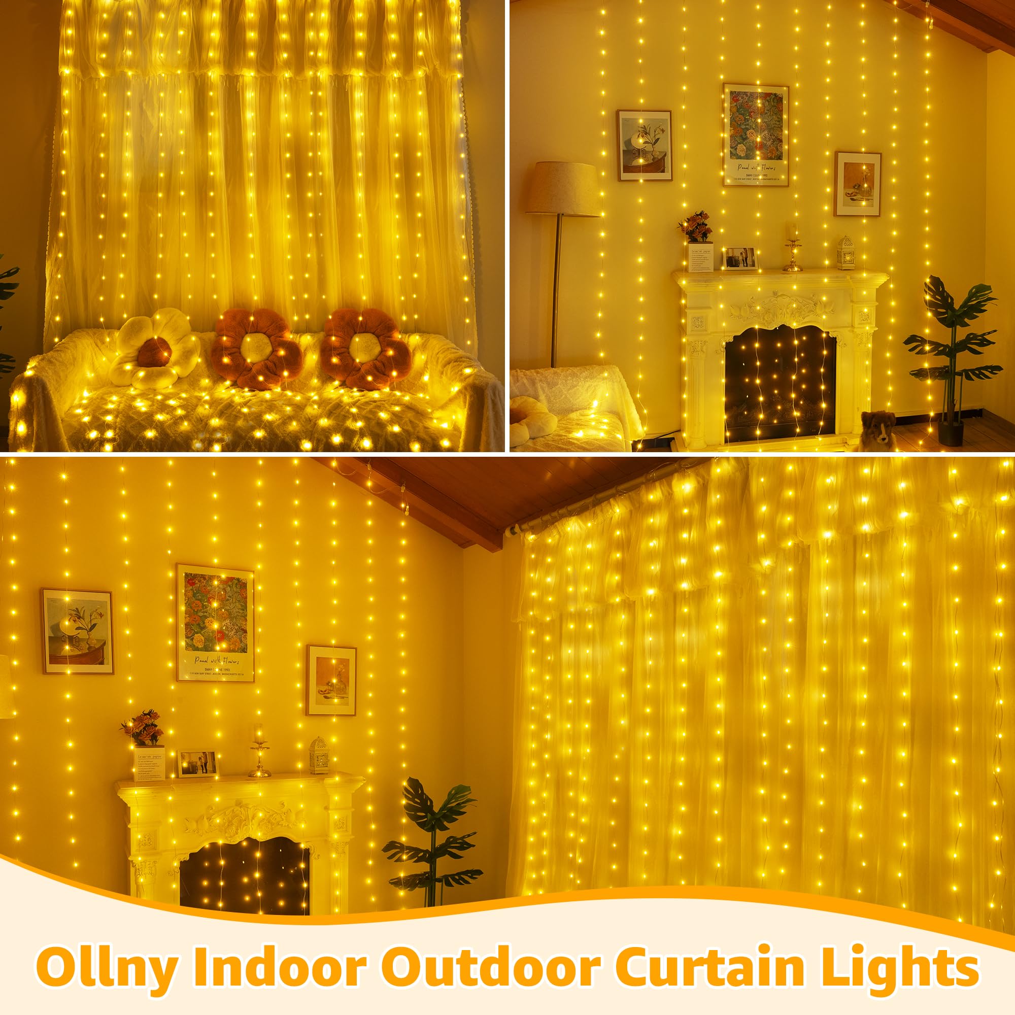 Ollny 300LED Connectable Waterproof Outdoor Curtain String Lights - 9.8ft x 9.8ft Fairy Lights with Remote, 8 Modes & 3 Timers for Wall Backdrop Decor (Warm White) | Perfect for Weddings, Parties, Garden, Patio, and Holiday Lighting