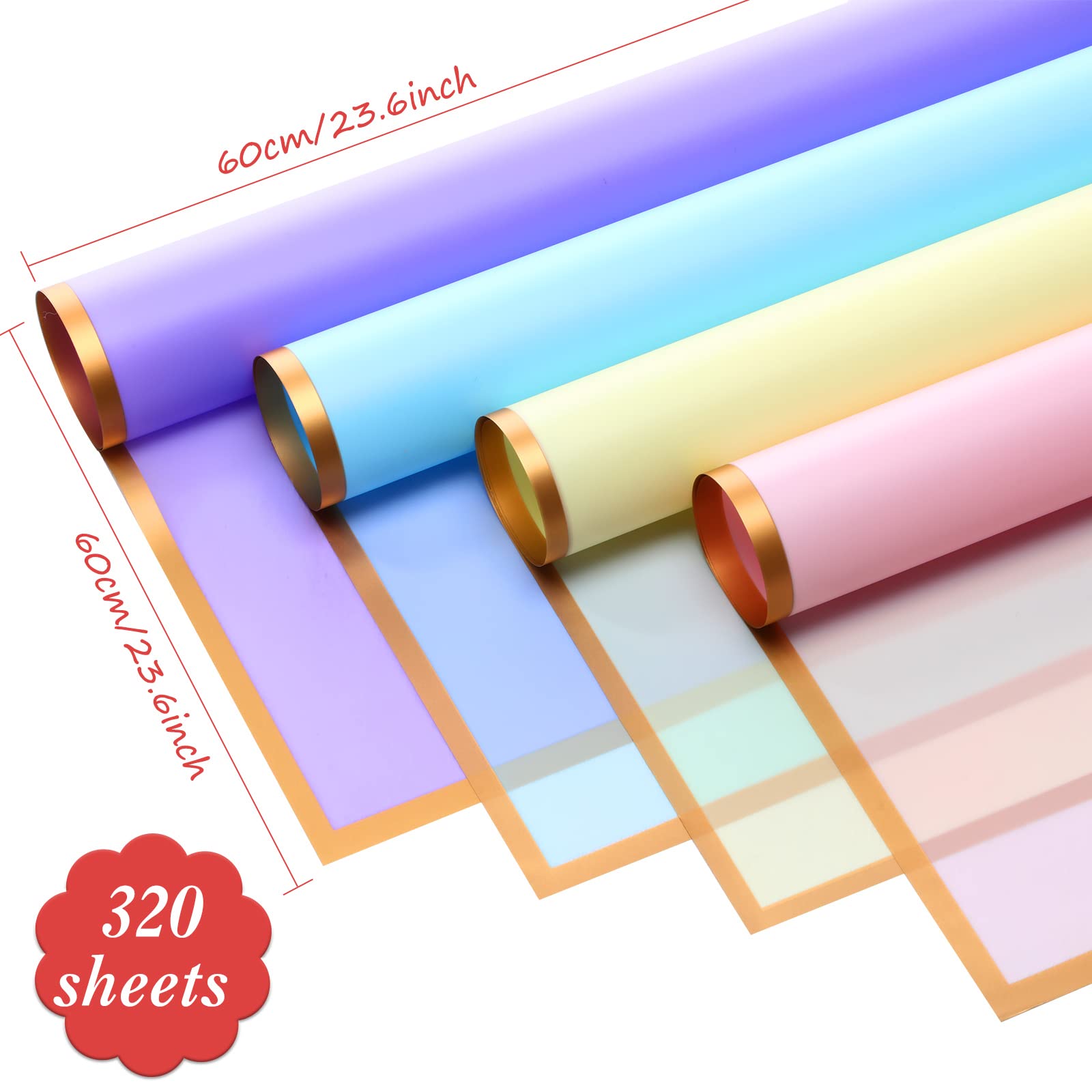 Pajean 320 Sheets Waterproof Flower Wrapping Paper - Gold Edge for Bouquets, DIY Crafts & Mother's Day Gifts