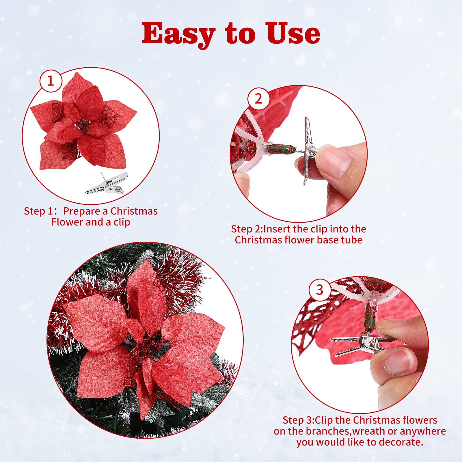 GARVEE 15-Piece Christmas Glitter Poinsettia Clips Set - 8.7inch/22cm Red Artificial Flowers for Holiday Wedding Home Decor - Perfect for Christmas Trees, Wreaths, Gifts & Festive Table Centerpieces