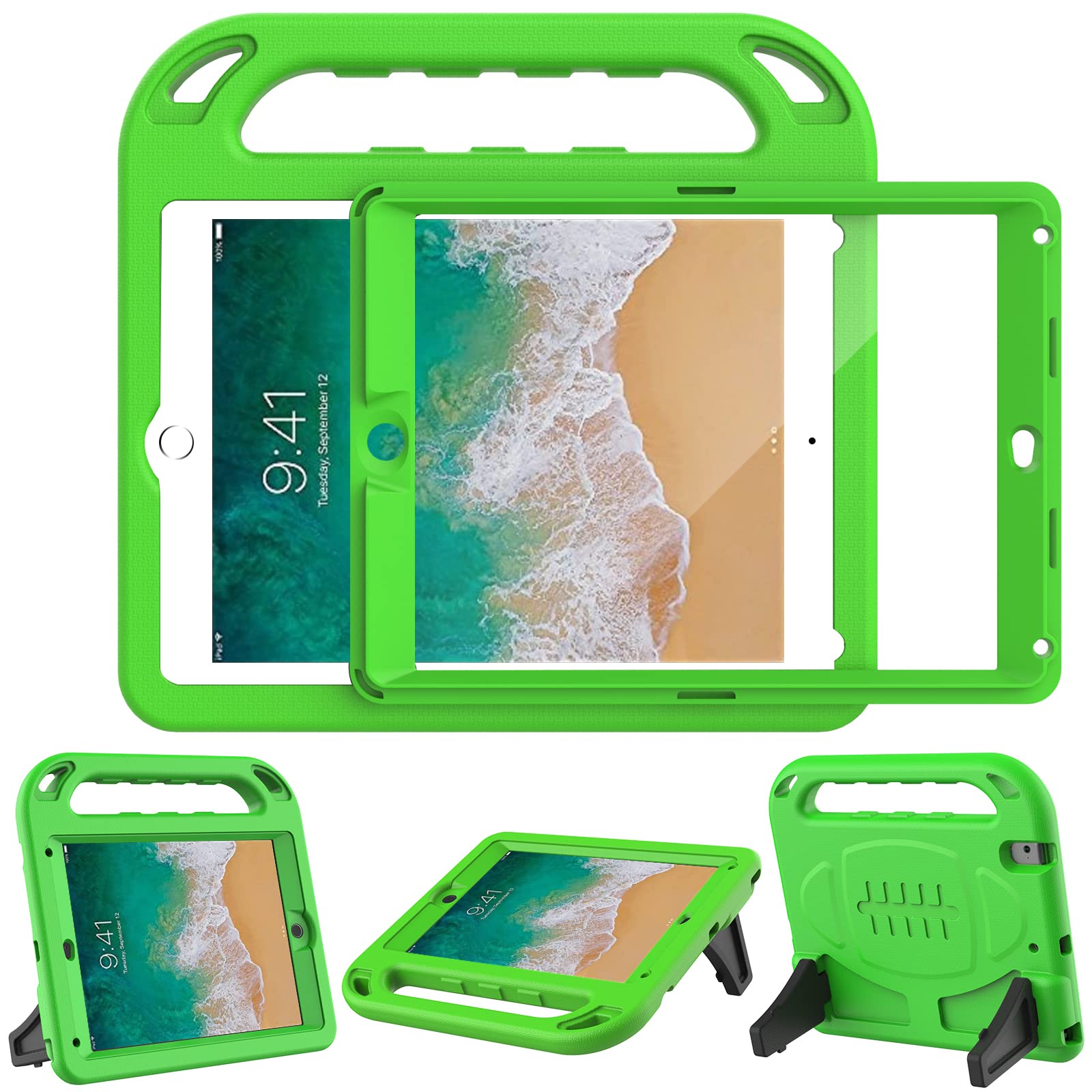 LTROP Shockproof Kids iPad Case for iPad 6th/5th Generation & Air 2 (9.7 Inch 2018/2017) - Built-in Screen Protector with Handle Stand - Green - Perfect for School, Travel & Home Learning