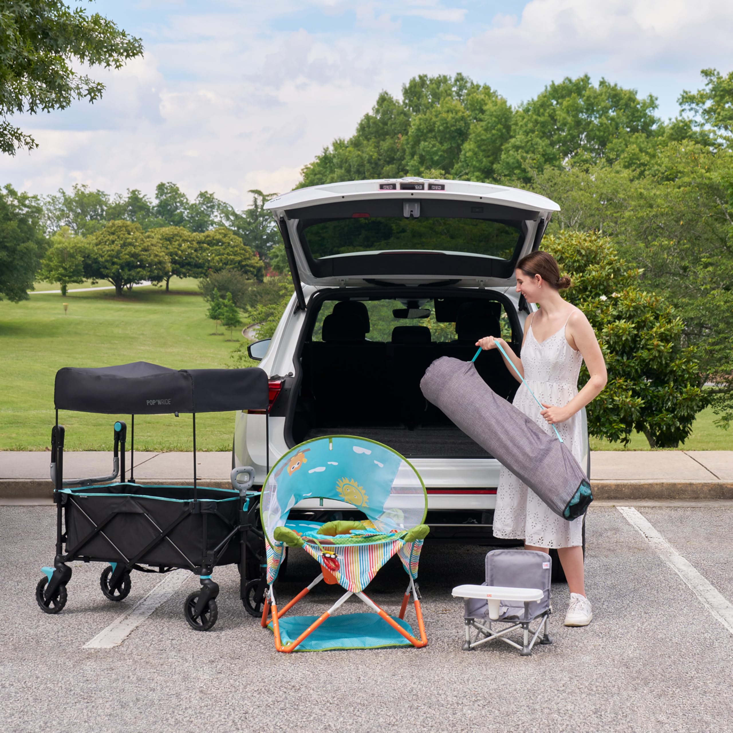 Ingenuity Pop 'N Ride Lightweight Stroller Wagon for 2 Kids - Summer-Ready with Face-to-Face Seats, 3-Point Harnesses & Sun Canopy | Perfect for Beach Outings, Park Visits & Family Travel