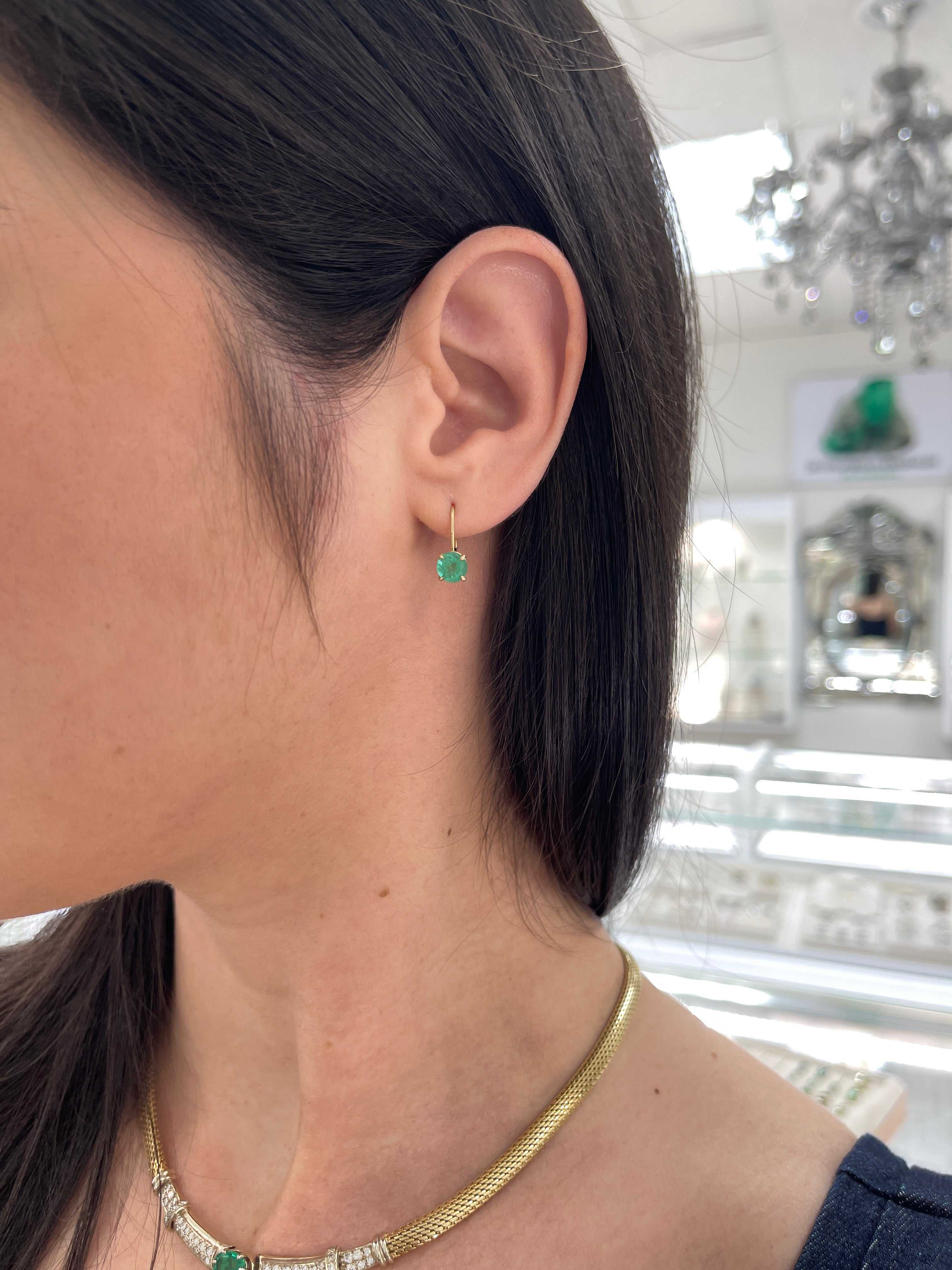1.50tcw Round Emerald Lever Back Earrings 14K Gold - Elegant Dangle Earrings for Women, Perfect for Weddings, Parties & Special Occasions