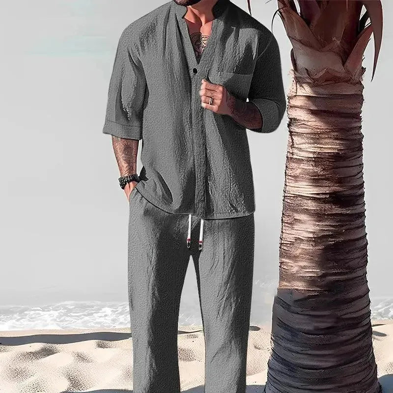 Men's Relaxed Casual Linen Two Piece Set - Comfortable Summer Outfit for Beach, Travel & Lounge Wear