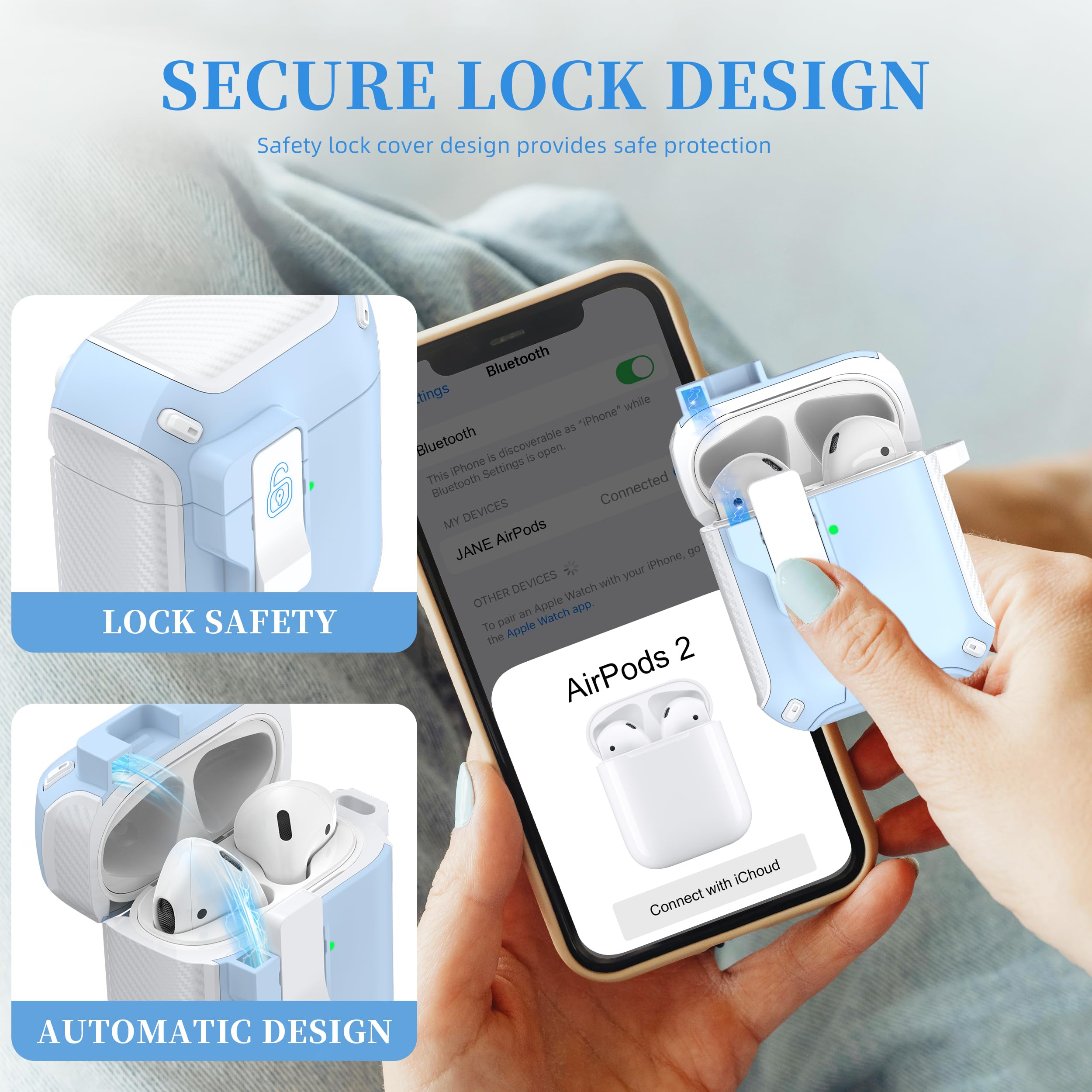 Magnetic AirPods Case Cover for 1st/2nd Gen - Magsafe Compatible, Auto Lock, Dust-Proof Charging Port & Stand Design with Cleaning Kit (Snow White/Sky Blue) - Perfect for Travel, Work & Daily Protection