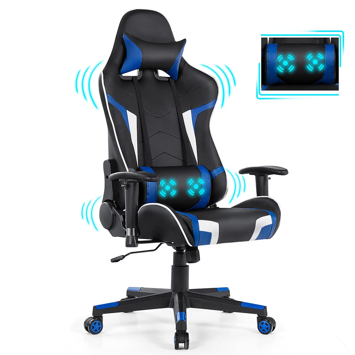 GYMAX Ergonomic Gaming Chair with Massage, Adjustable Headrest & Lumbar Support - Blue Reclining Computer Chair for Office & Home Gaming Setup - Perfect for Esports, Streaming, and Long Work Sessions