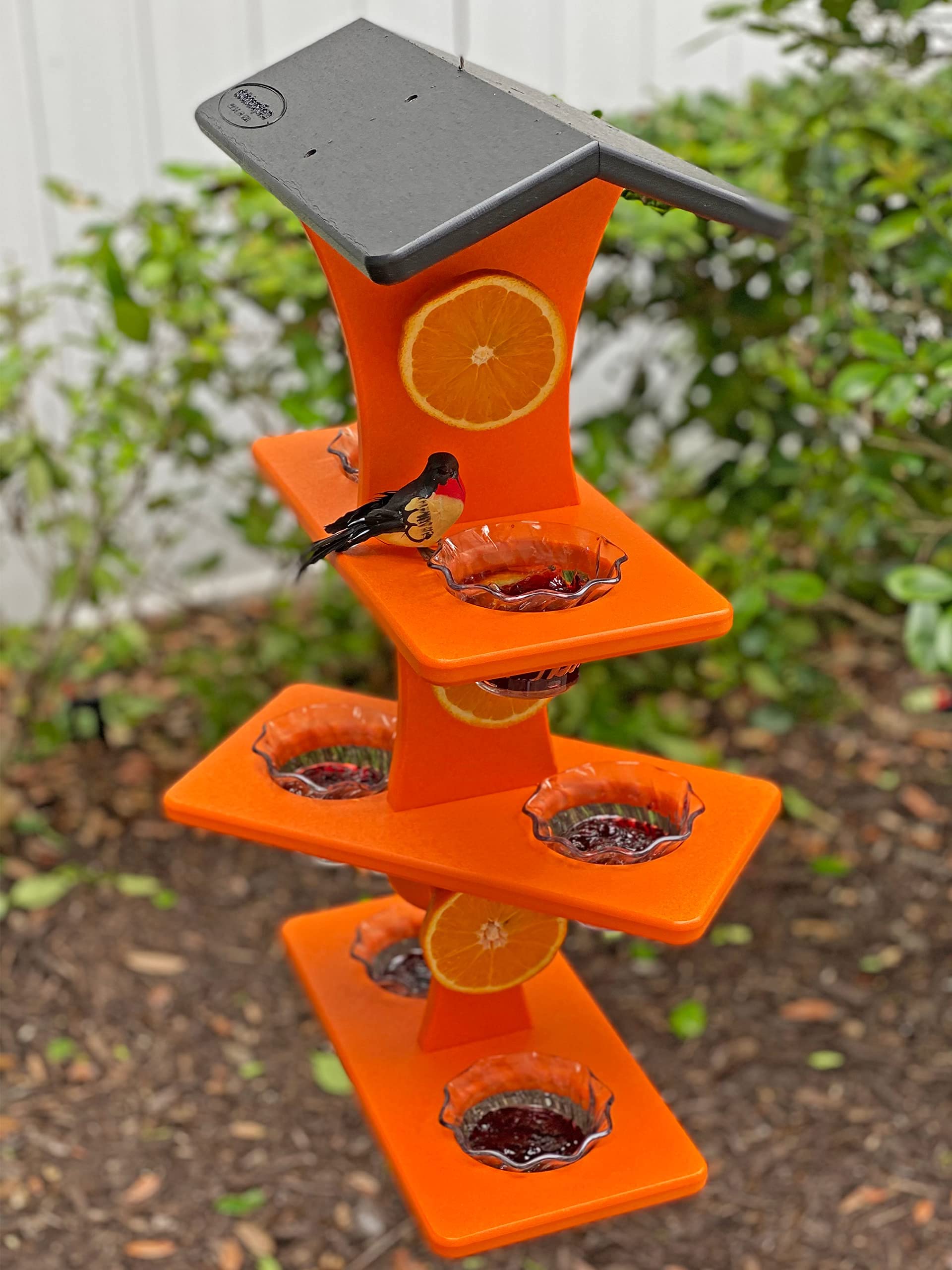 Amish-Made Plastic Poly Double Platform Hanging Oriole Bird Feeder with Fruit Slice Holders & Nectar Cups - Outdoor Jelly Bird Feeders for Orioles (Triple, Black & Bright Orange) | Perfect for Backyard Bird Watching & Garden Decoration
