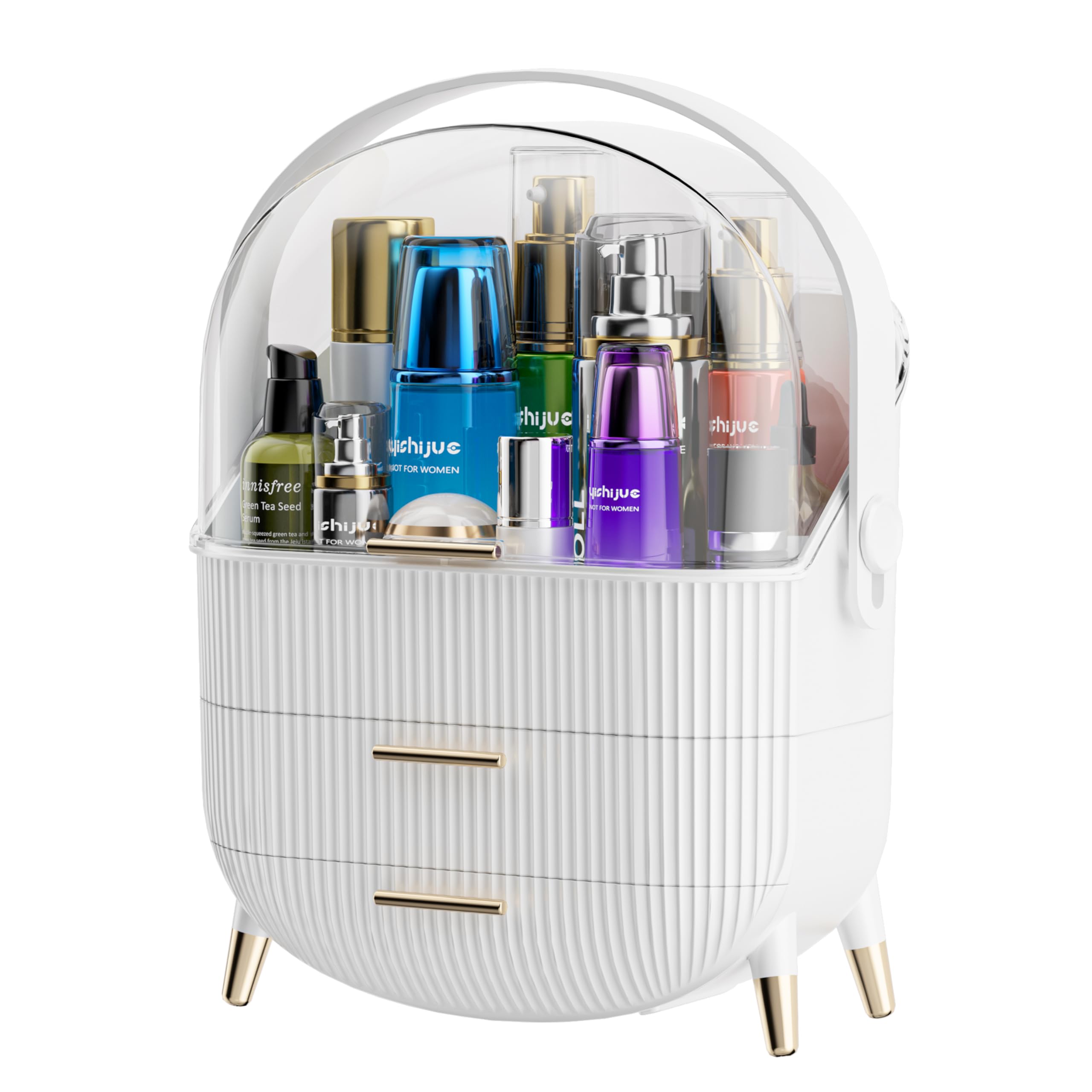 Oval Makeup Storage Box - Portable Vanity Cosmetics Organizer with Preppy Style for Countertop (White) | Perfect for Bedroom, Bathroom & Travel Beauty Organization