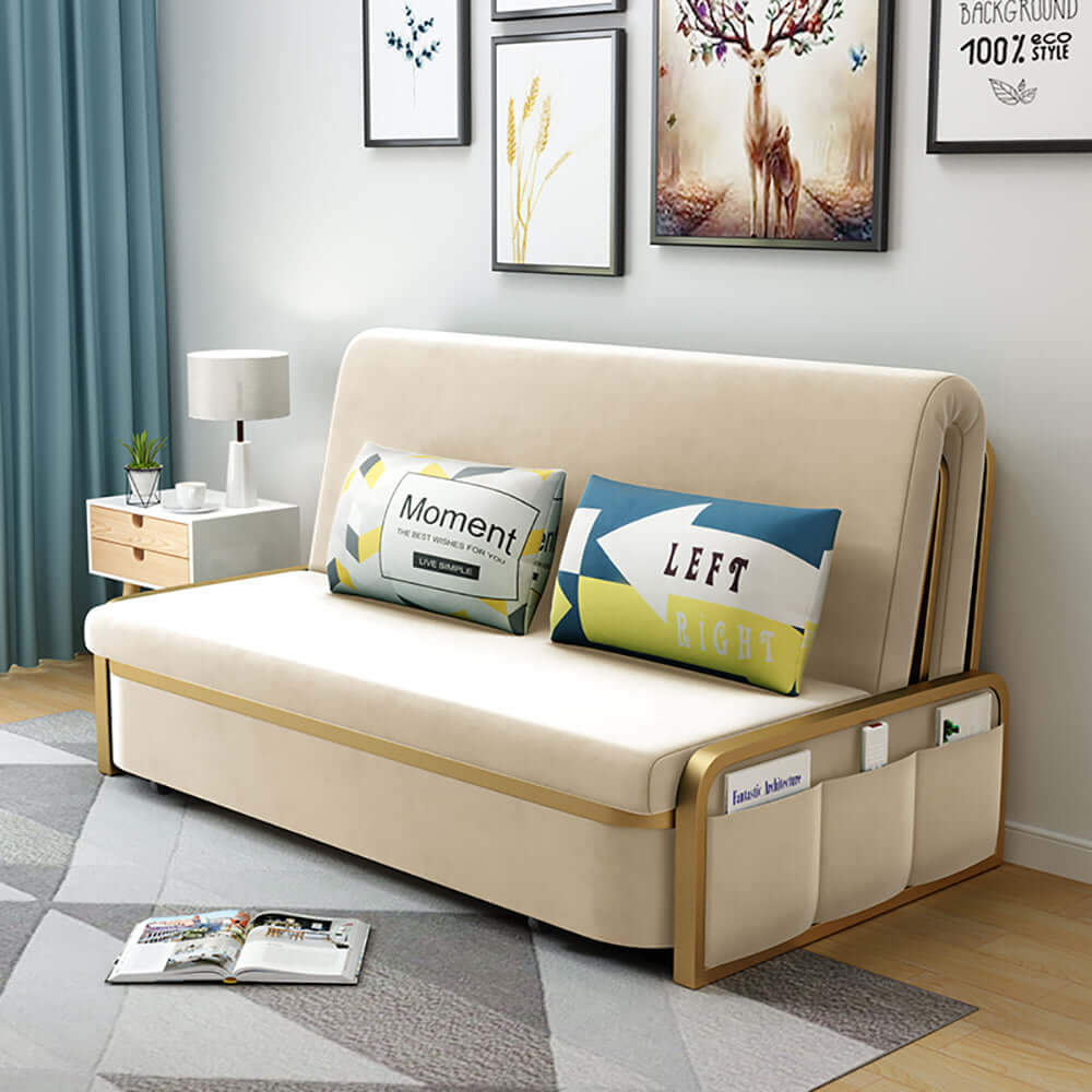 Modern Convertible Sofa Bed with Storage - Velvet Upholstery in Deep Gray & Gold - Perfect for Small Spaces, Guest Rooms & Apartments