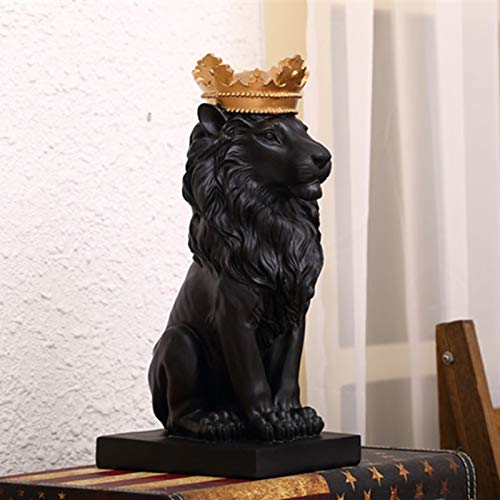 ZAMTAC Black Lion Resin Statue with Gold Crown - Handcrafted Home Decor Sculpture, Animal Figurine for Living Room, Office, and Gift Giving