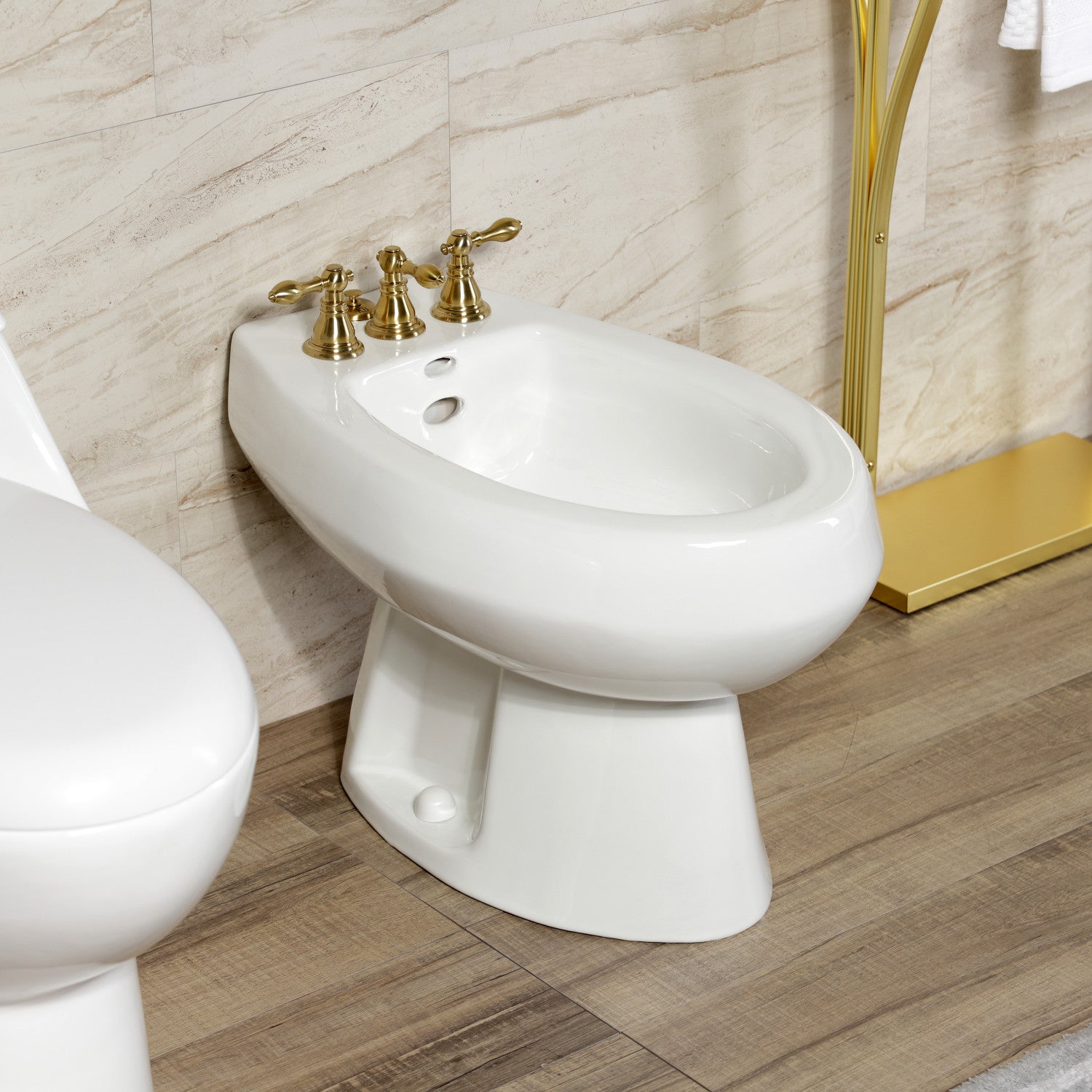 KB327ACL Brushed Brass 3-Handle Deck Mount Bidet Faucet with Vertical Spray & Brass Pop-Up - Perfect for Modern Bathrooms, Powder Rooms & Luxury Home Upgrades