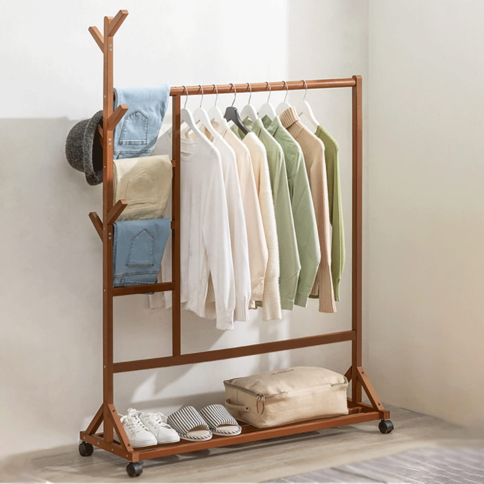 BYZHP Wooden Coat Rack - Free Standing Clothes Hanger Organizer for Jackets, Hats, Shoes & Accessories | Space Saving Entryway Storage Solution for Home, Office & Dorm Room (Color: Brown)