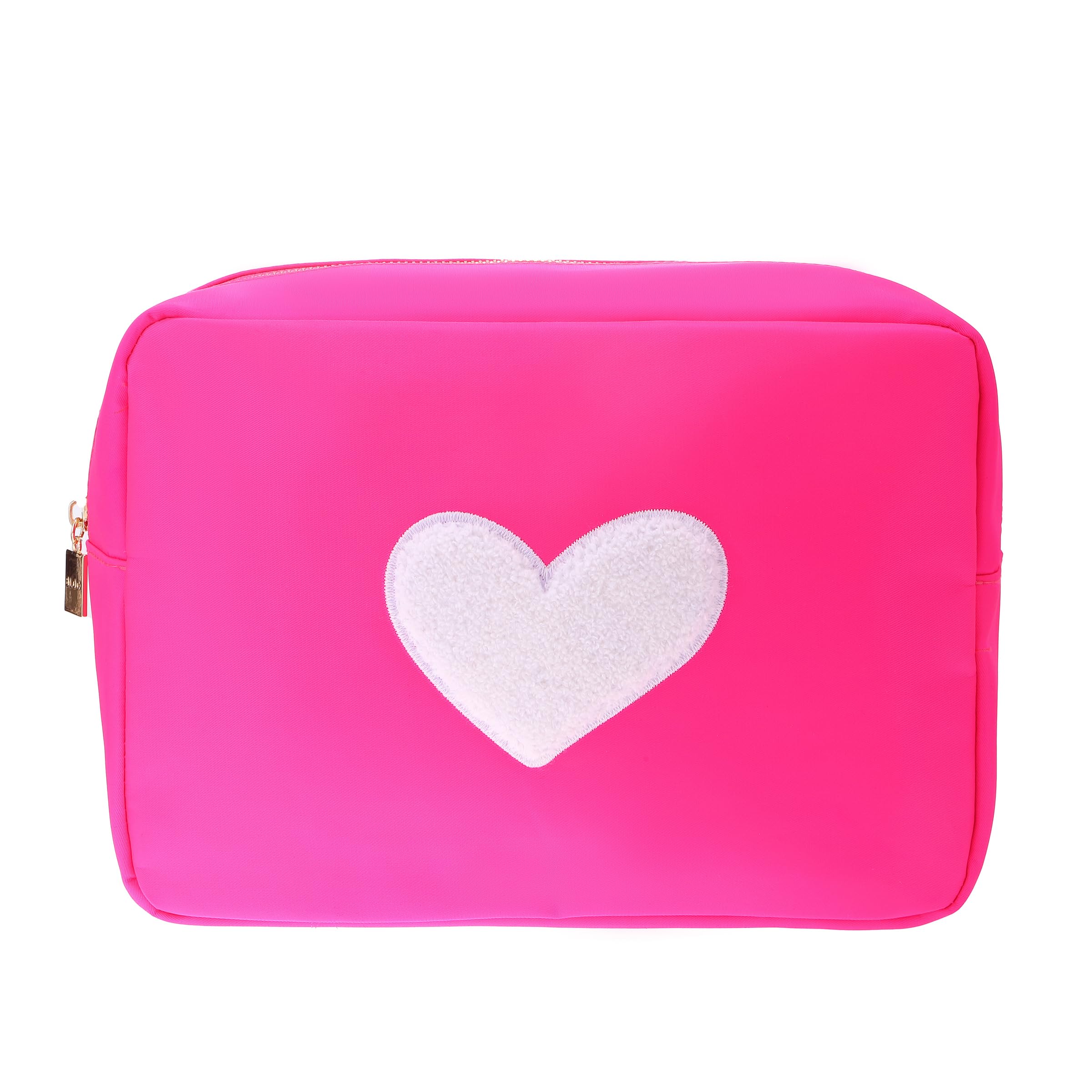 BLOC Bags Travel Makeup Organizer for Women - Large Cute Cosmetic Bag with Chenille Patch, Inside Zipper Pouch & Mesh Pockets - XL Toiletry Bag for Makeup Brushes, Skincare & Travel Essentials (White Heart, Hot Pink) - Perfect for Vacation, Gym & Daily Beauty Routine