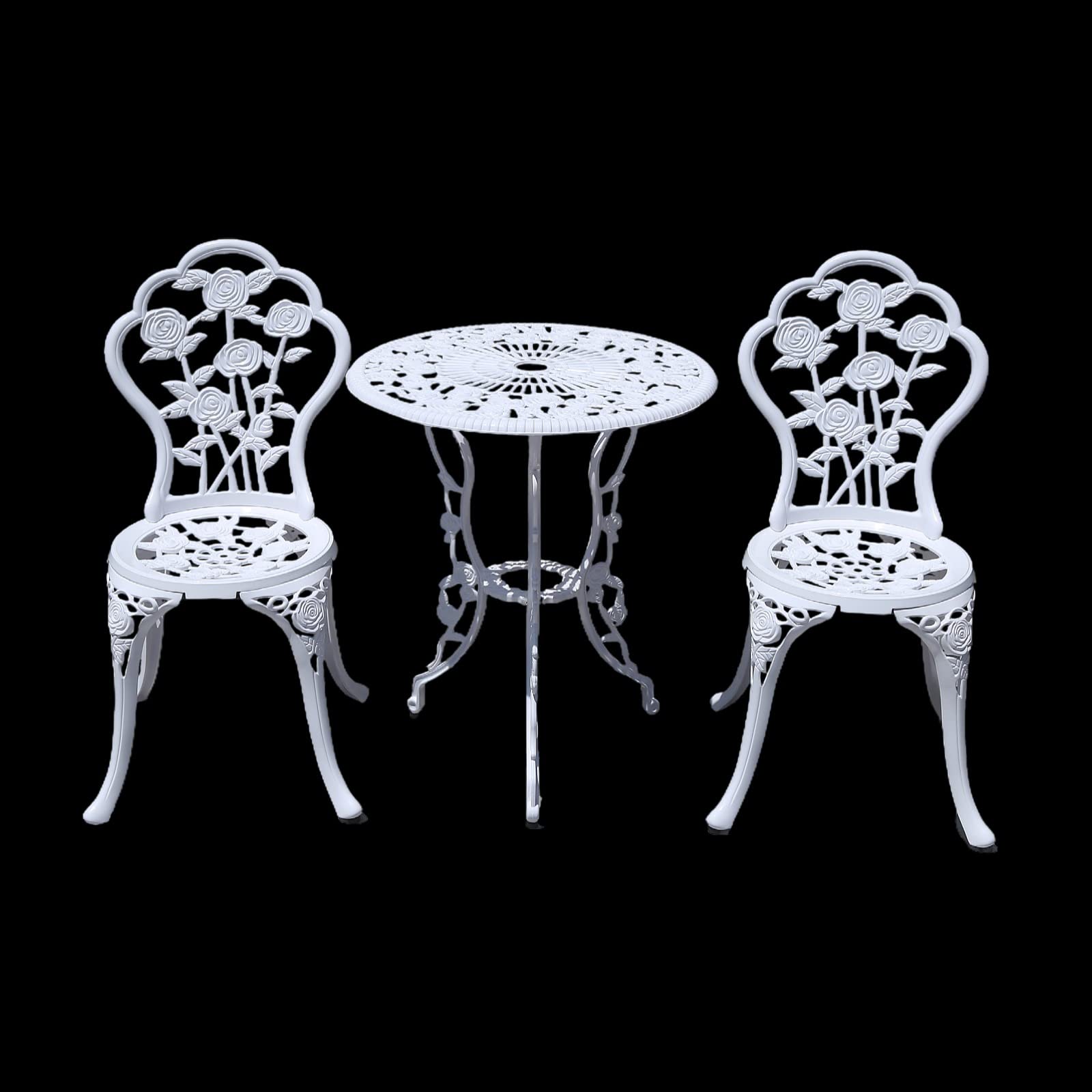 White Outdoor Bistro Set with Rose Pattern - 1 Table & 2 Chairs for Garden, Patio, Porch | Perfect for Small Spaces, Balcony Dining & Backyard Tea Parties