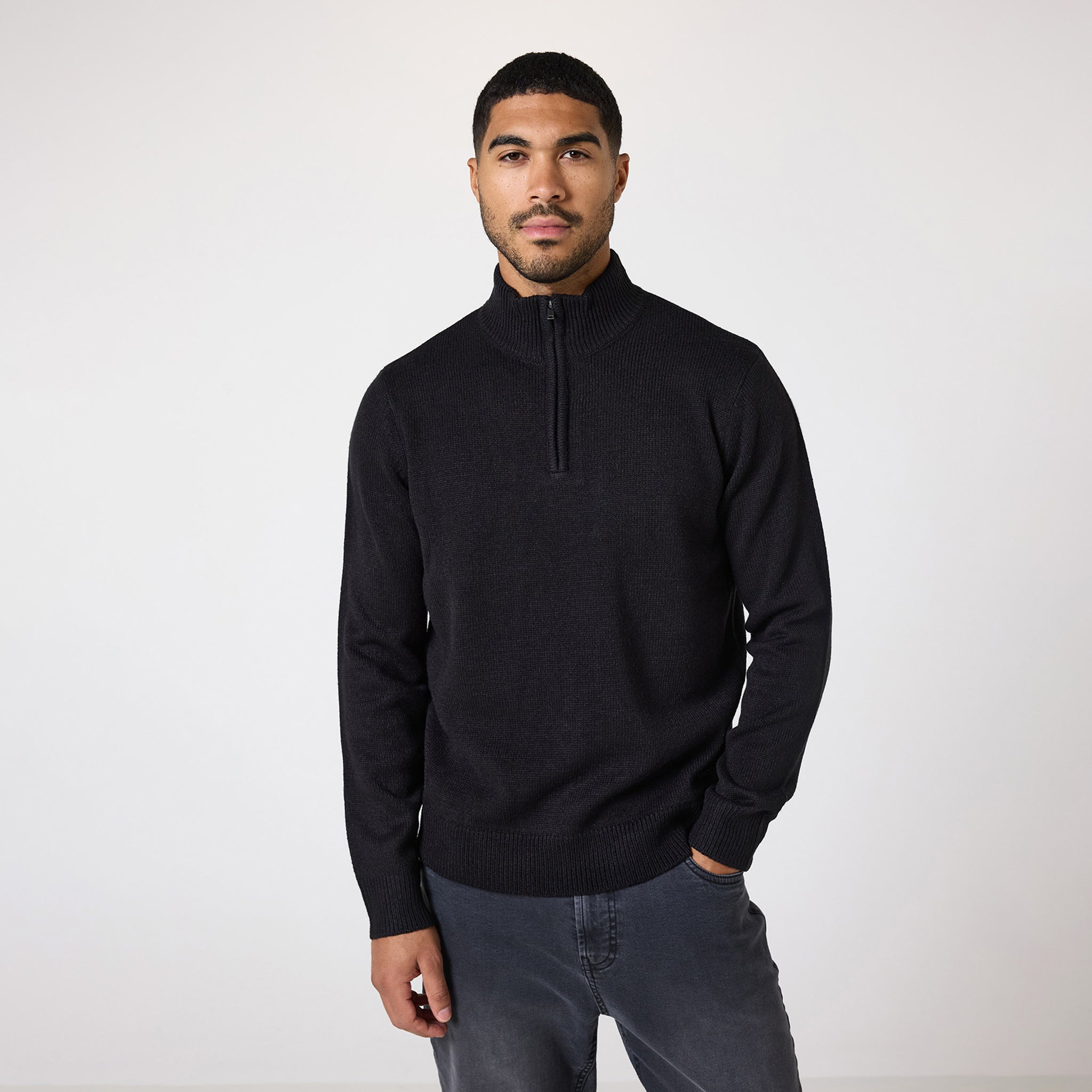 Men's Black Knit 1/4 Zip Funnel Neck Pullover Sweater | Casual Winter Warm Layering for Outdoor Activities