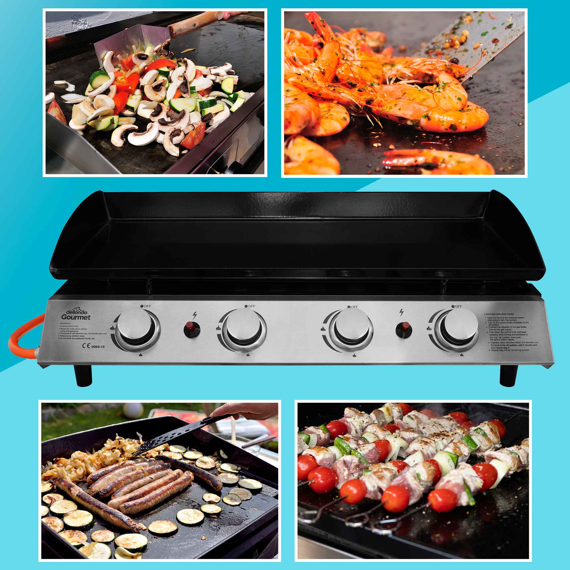 4 Burner Portable Gas Griddle 10kW BBQ Grill with Cover, Stainless Steel Outdoor Cooking Station - Perfect for Backyard Parties, Camping & Tailgating
