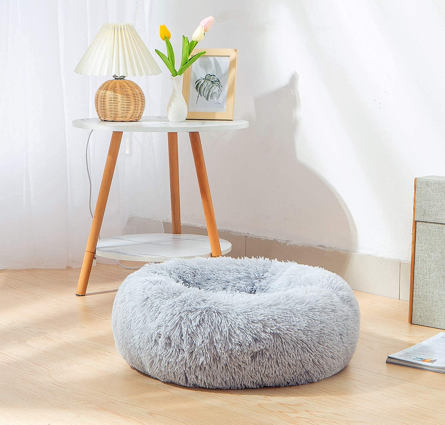 Plush Round Faux Fur Dog & Cat Bed - Self-Warming Calming Pet Cushion for Small Pets, Anti-Anxiety Cozy Bolster Bed (20