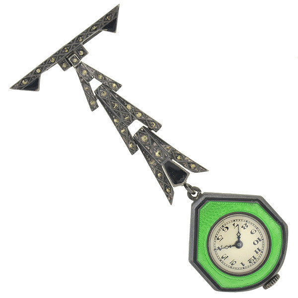 Vintage Art Deco Sterling Silver Guilloche Enamel & Marcasite Brooch Pin Watch - Elegant 1920s Jewelry for Women, Perfect for Vintage Fashion, Evening Wear and Special Occasions