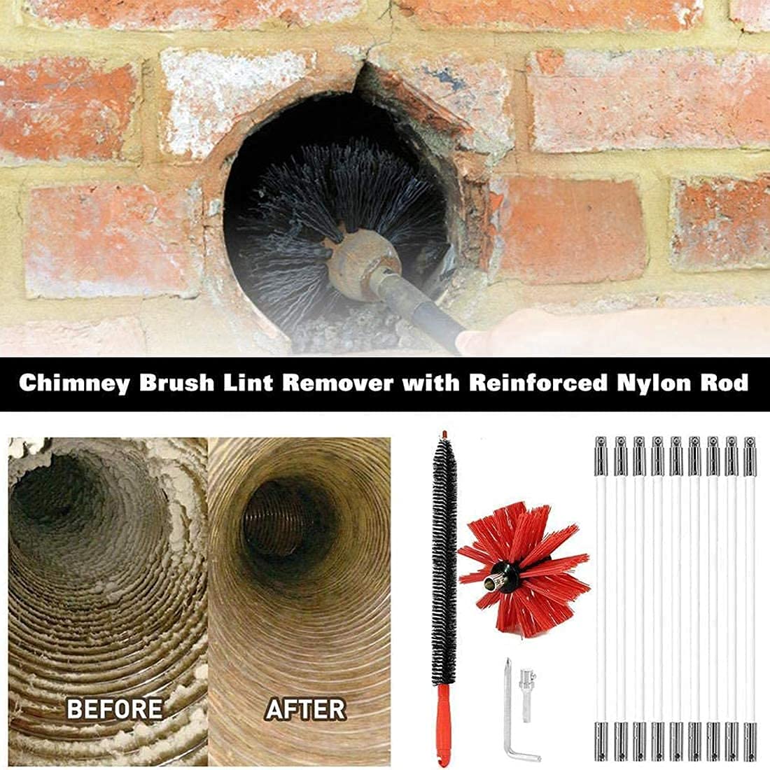 Flexible Rotary Chimney Cleaning Brush Kit - 6/9/12/15 Rods with Electric Drill Adapter for Efficient Soot Removal | Perfect for Fireplace, Wood Stove & Furnace Maintenance