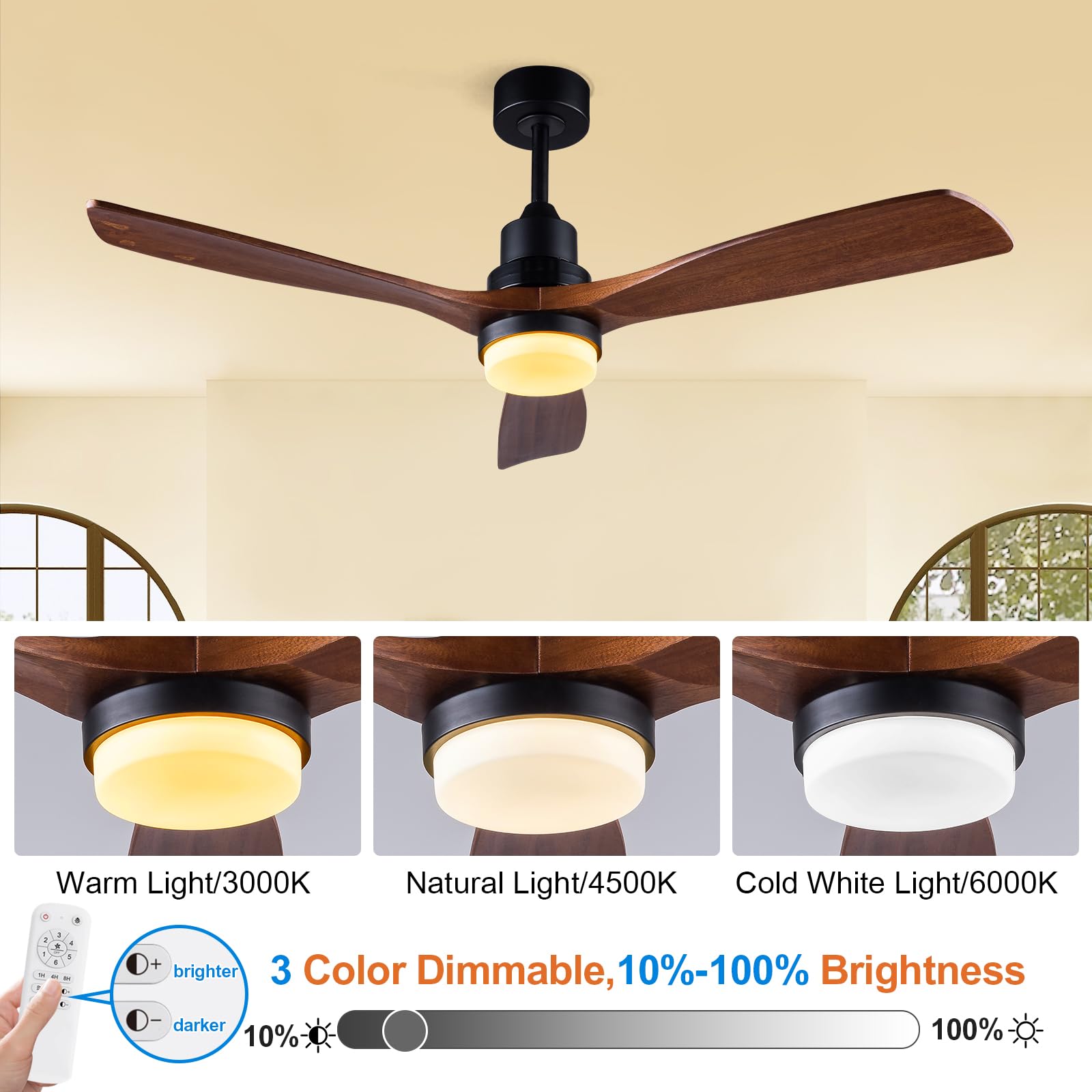 BOJUE 60 Inch Indoor Outdoor Ceiling Fan with Light and Remote Control - Dimmable LED, Quiet DC Motor, 3 Wood Blades - Perfect for Patio, Living Room, Bedroom, Office & Summer House | Energy Efficient Cooling Solution for Year-Round Comfort
