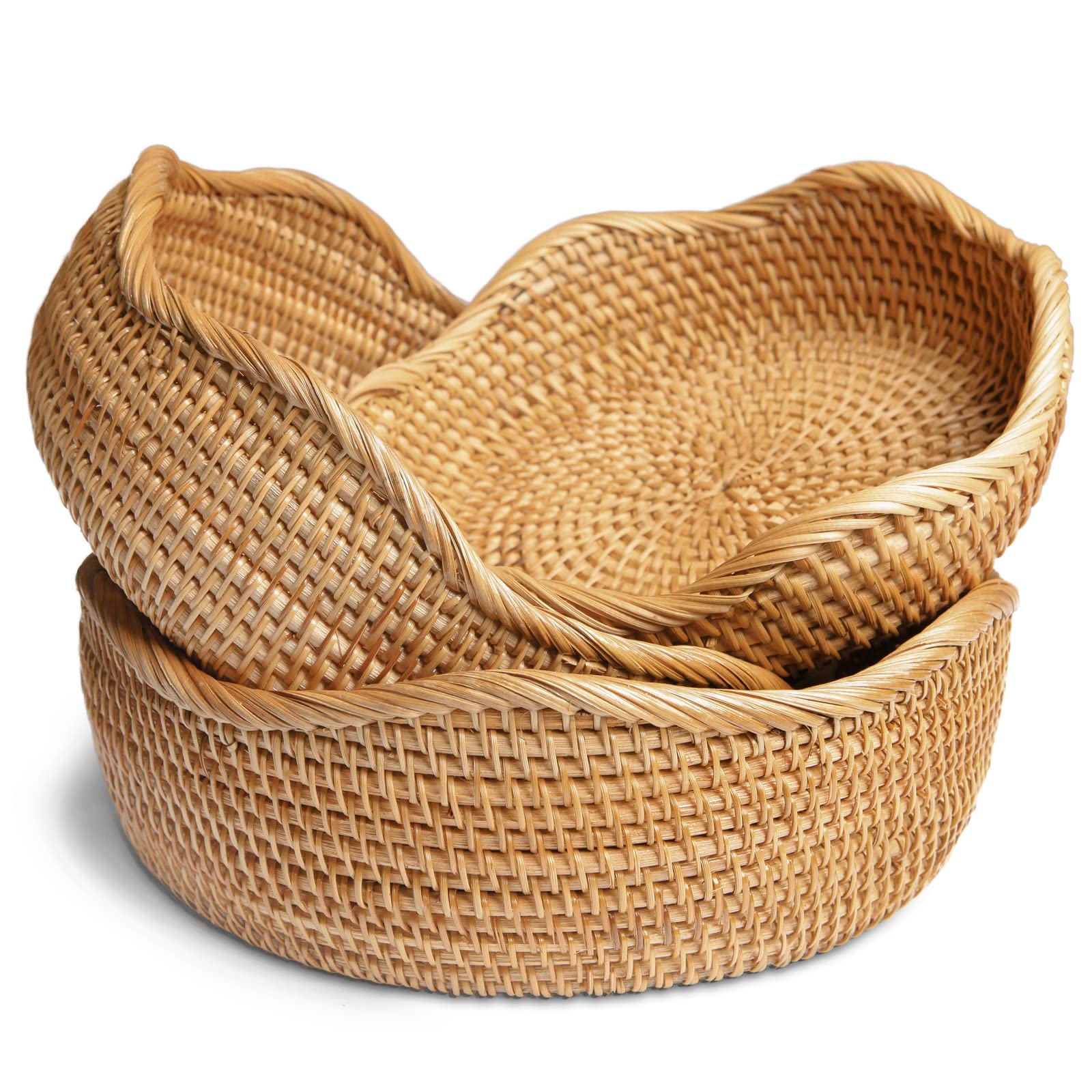 Handmade Natural Rattan Bread Basket Set of 3 - Round Woven Wicker Serving Bowls for Fruits, Bread & Kitchen Storage | Honey Brown Decorative Counter Organizer | Perfect for Farmhouse Kitchen, Dining Table Display & Party Serving