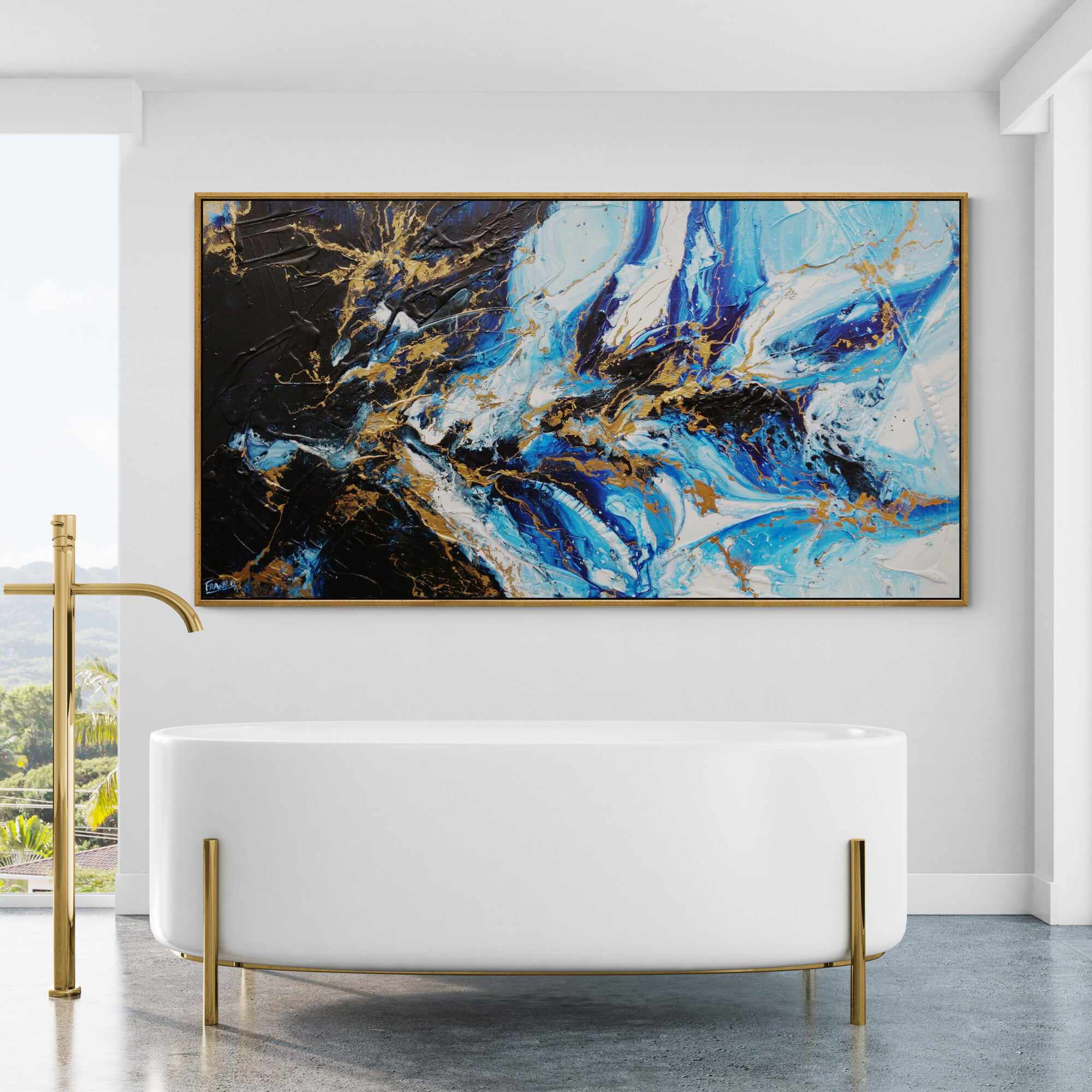 Golden Sapphire 190cm x 100cm Blue Gold Textured Abstract Canvas Art - Modern Wall Decor for Living Room, Bedroom & Office