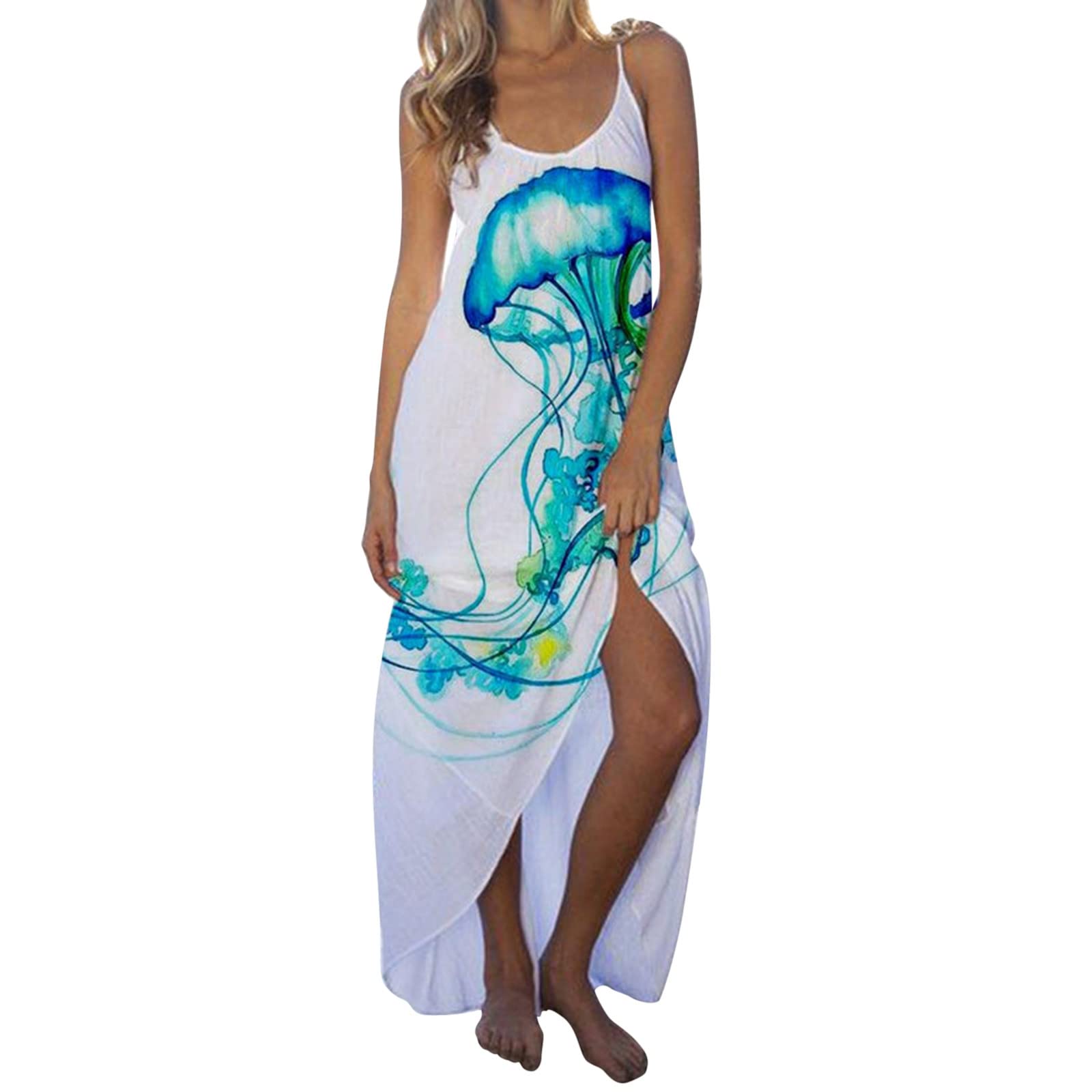 Women's Summer Sleeveless Bohemian Maxi Dress - Strappy Round Neck Split Hem Loose Beach Dress for Vacation, Pool Party & Outdoor Date Night
