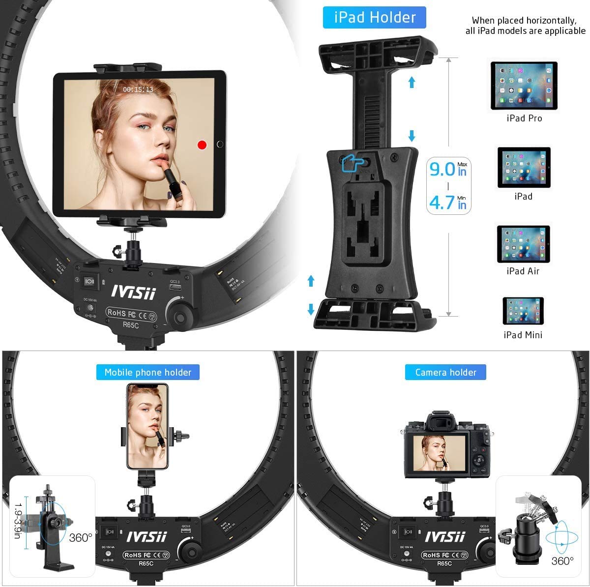 19 Inch Ring Light with Stand & Phone Holder - 60W Bi-Color LED for Live Streaming, Makeup, YouTube Videos, TikTok, Zoom & Photography - Perfect for Content Creators, Beauty Vloggers & Home Studio Setup (Black)