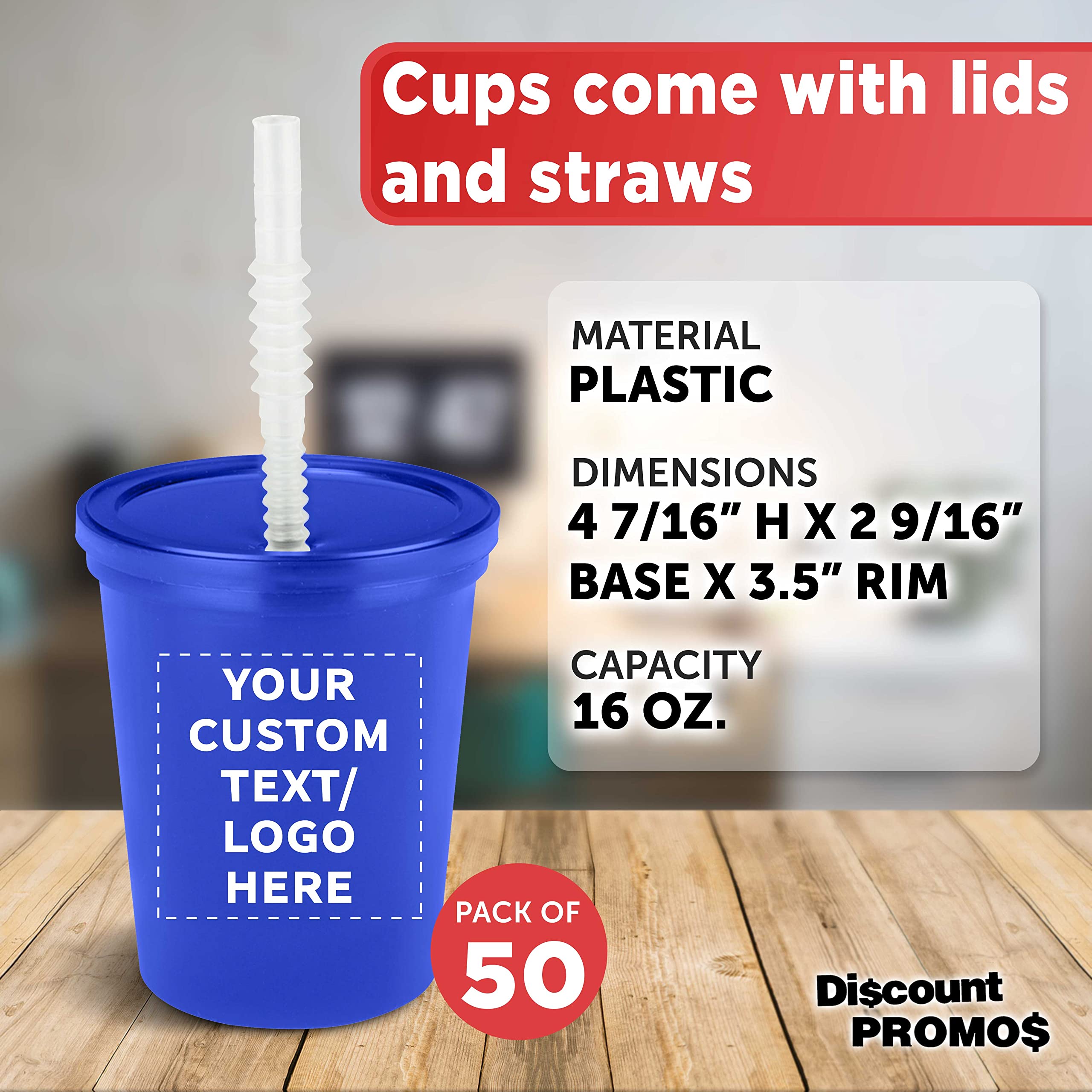 Custom 16 oz Plastic Cups with Lids and Straws - Bulk Pack of 50 Personalized Cups for Summer Parties, Weddings, Sporting Events, Beach Picnics & Birthdays - Reflex Blue - Ideal for Outdoor Gatherings, BBQs, and Festive Celebrations