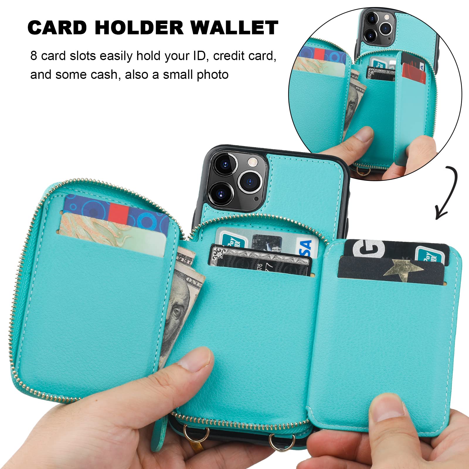 RFID Blocking Wallet Case for iPhone 11 Pro Max (6.5 Inch) - PU Leather Flip Folio with Adjustable Crossbody Strap, Detachable Wrist Strap & Kickstand - Mint Green - Perfect for Travel, Shopping & Everyday Use