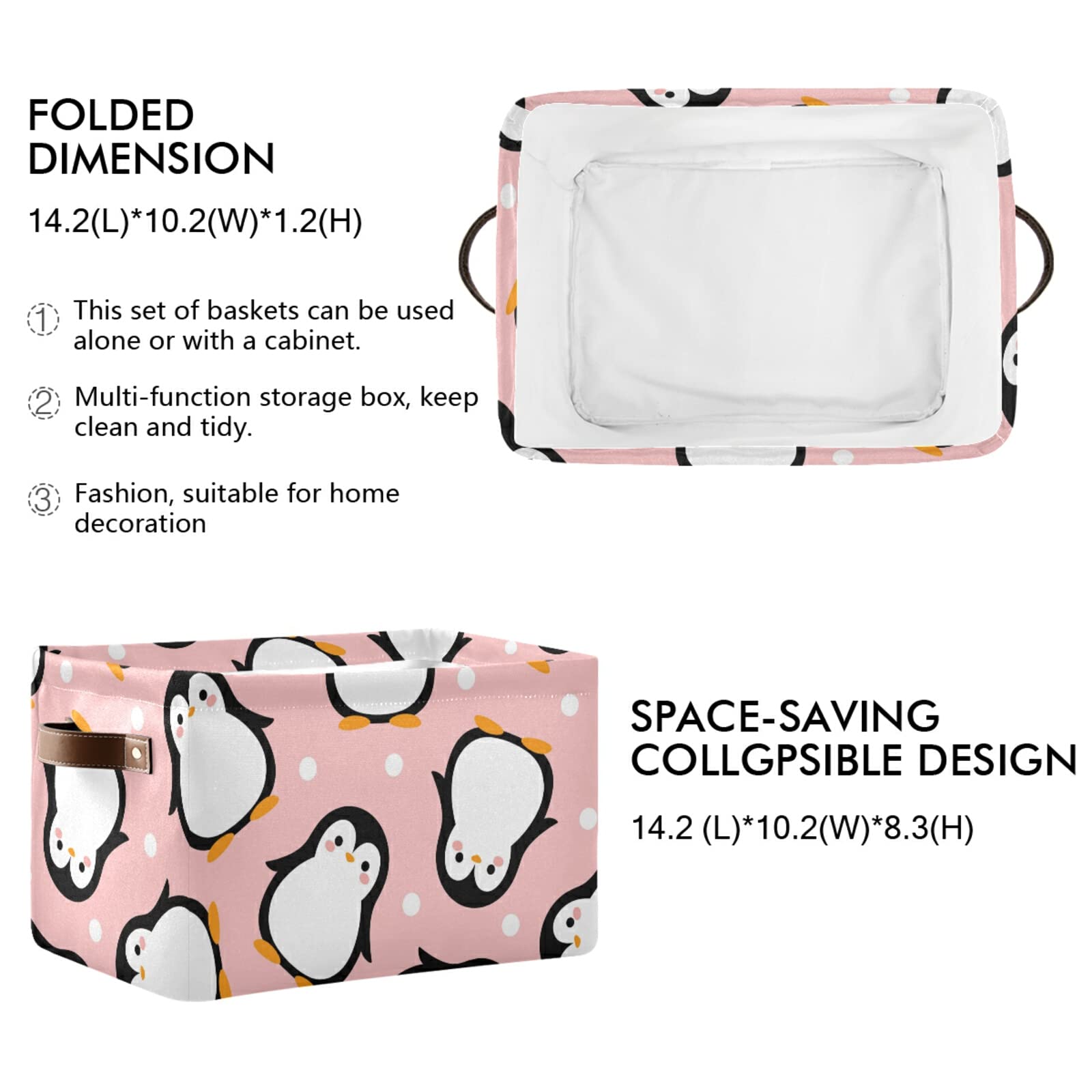 Adorable Penguin Storage Basket with Pink & White Dots - Large Collapsible Organizer Bin with PU Handles for Nursery, Closet, Laundry & Home Organization (1-Pack) - Perfect for Kids' Room Decor & Toy Storage