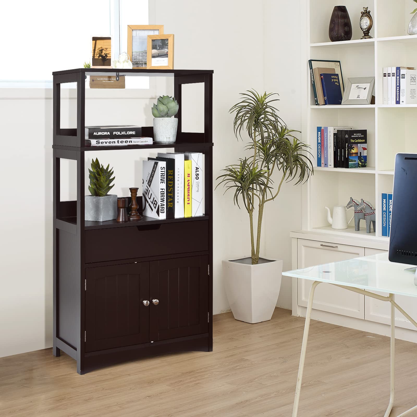HAPPYGRILL Freestanding Bathroom Floor Cabinet with 2 Open Shelves, Drawer & Door - Anti-Tip Storage Organizer for Bathroom, Living Room, Entryway & Kitchen - Space-Saving Home Organization Solution for Towels, Toiletries & Decor