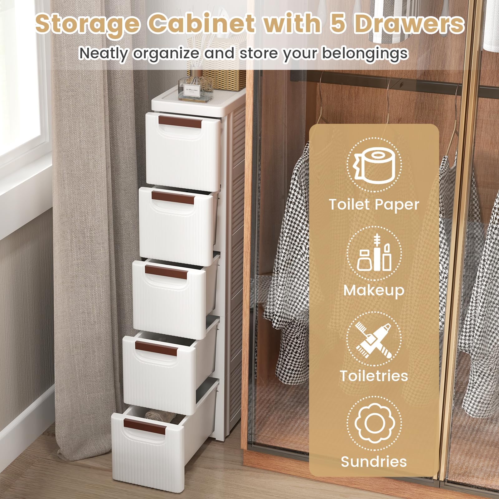 LOKO 5-Drawer Narrow Storage Cabinet - Slim Rolling Cart with Pull Handles & Built-in Wheels | Mobile Plastic Organizer for Living Room, Kitchen, Bathroom & Office (7.5