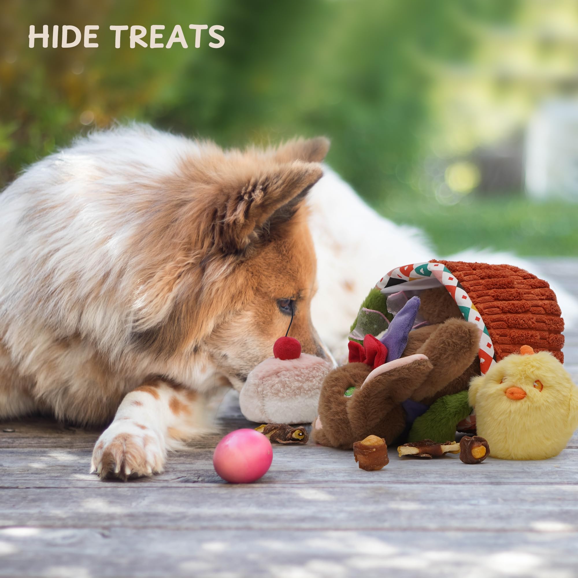 5 Pack Easter Dog Toys with Basket - Durable Plush Squeaky Toys for Small Medium Large Dogs (Rabbit, Chick, Egg & Cake Design) - Perfect for Easter Gifts & Puppy Playtime