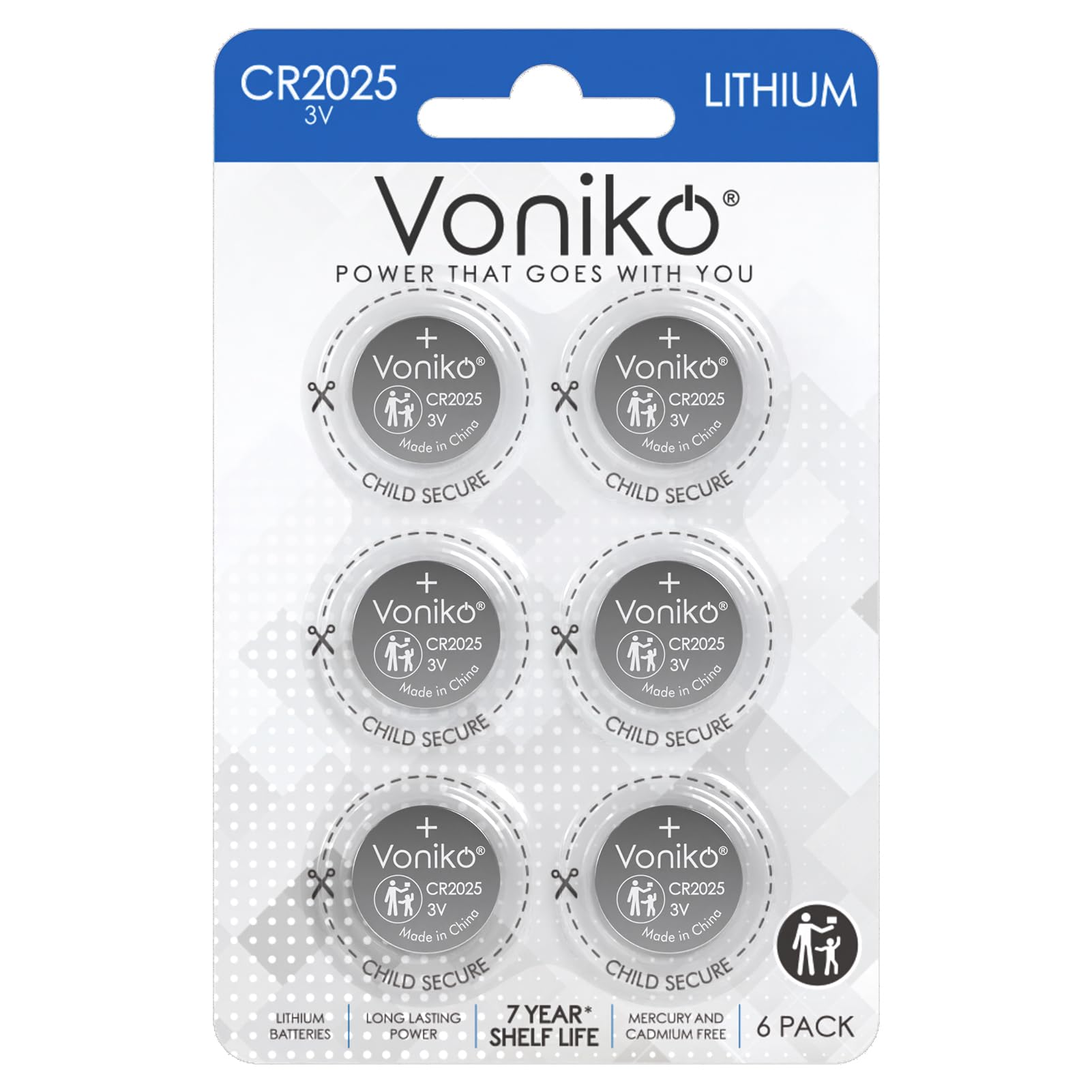 Voniko CR2025 3V Lithium Coin Battery 6 Pack - Long Lasting 7-Year Shelf Life - Perfect for Watches, Key Fobs, Calculators & Small Electronics