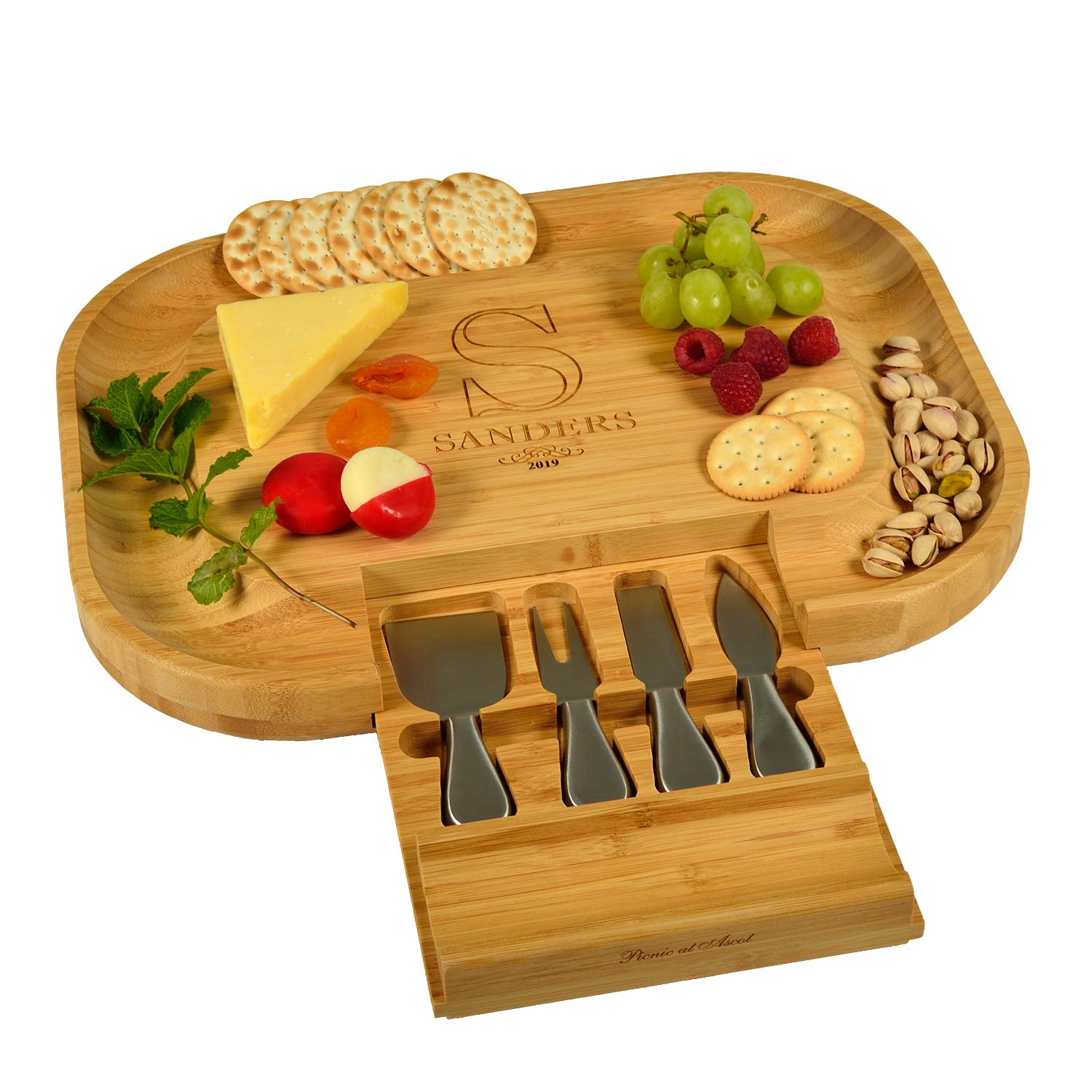Custom Engraved Bamboo Cheese & Charcuterie Board Set with Knives & Cheese Markers | Personalized Wedding & Housewarming Gift | Handcrafted in USA | Perfect for Entertaining, Cheese Tasting & Charcuterie Displays