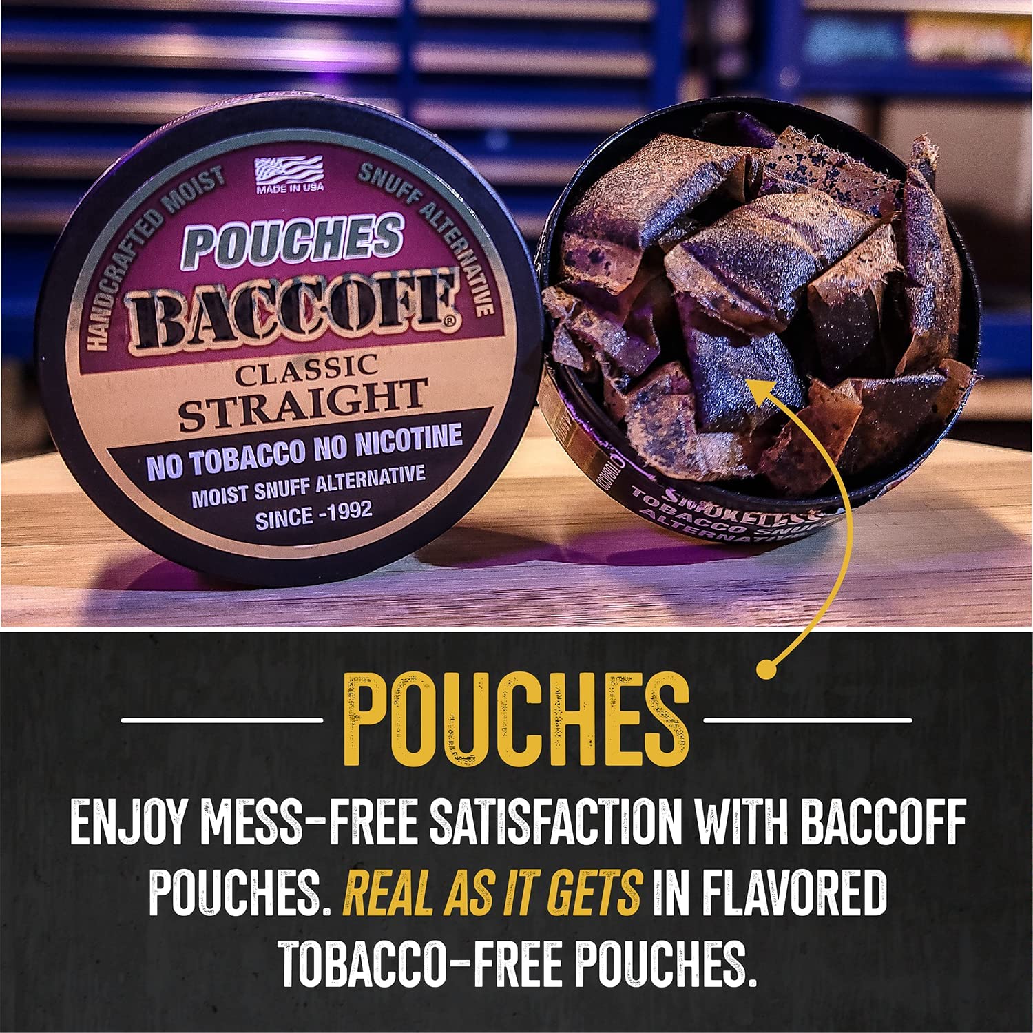 BaccOff Classic Straight Pouches - Tobacco Free & Nicotine Free Snuff Alternative - 1 Can - Perfect for Work, Travel & Smoke-Free Lifestyle