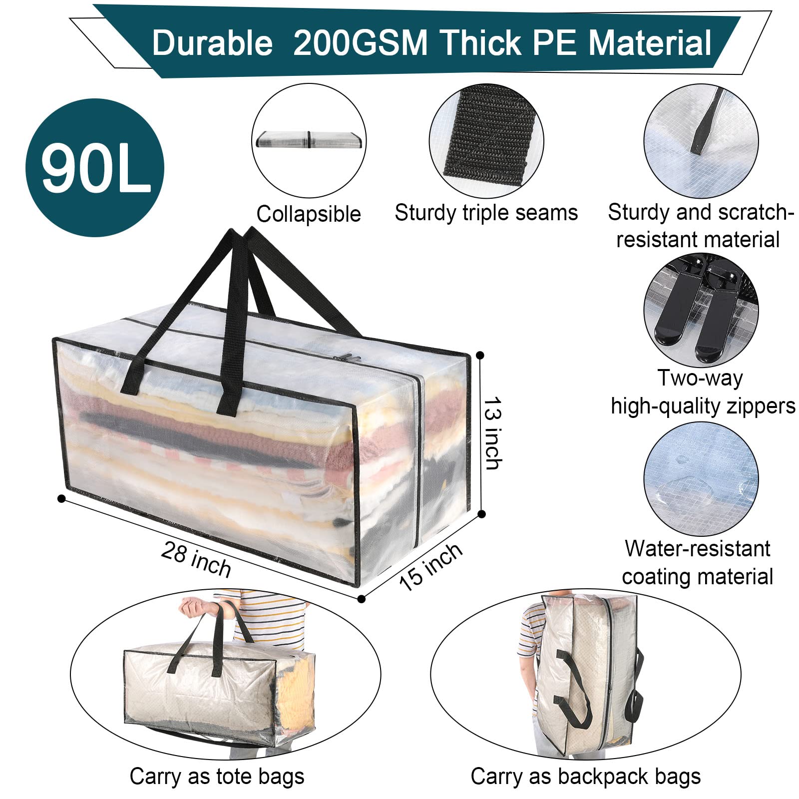 90L Moving Bags - 8 Pack Clear Heavy Duty Extra Large Storage Bags for Clothes with Backpack Straps & Strong Handles - Waterproof Travel Packing Bags for College, Moving, Christmas Storage & Travel Organization