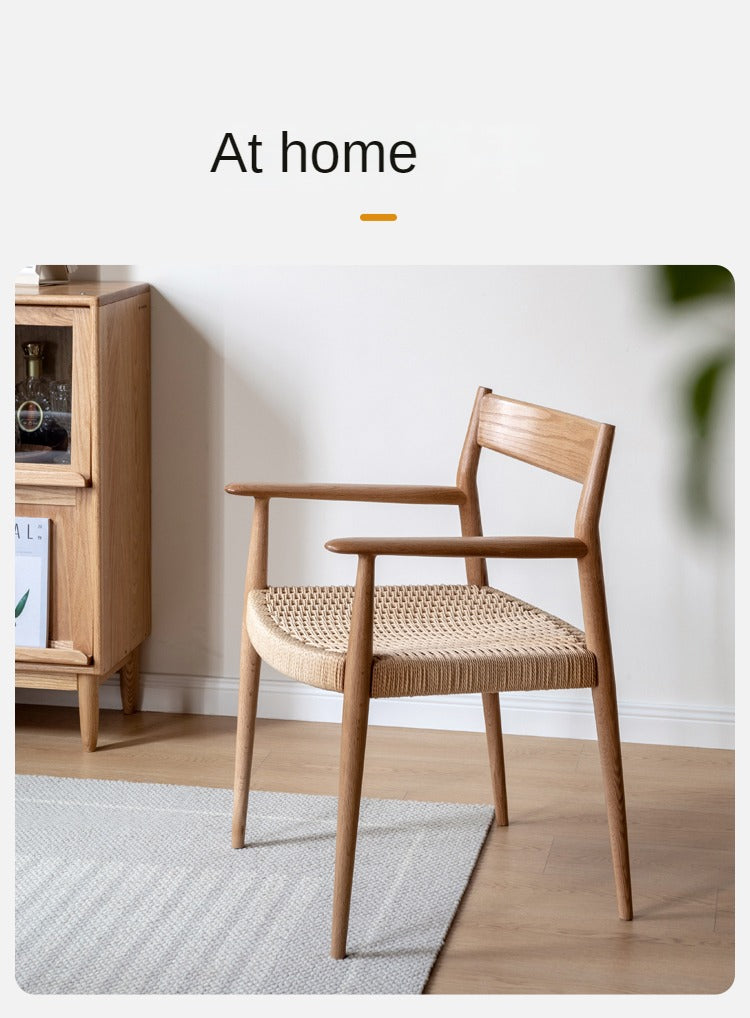 Solid Oak Wood Rope Woven Armchair - Handcrafted Leisure Chair for Living Room, Patio & Garden - Perfect for Relaxing, Reading & Outdoor Lounging