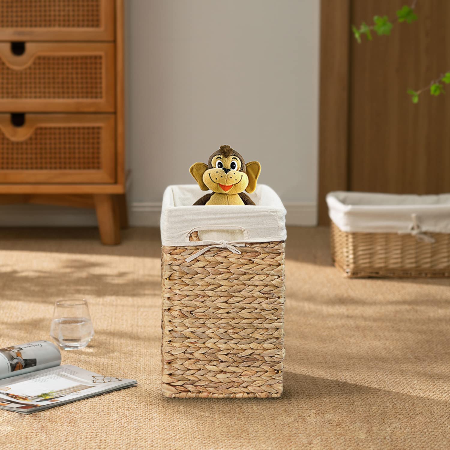 Handmade Natural Water Hyacinth Wicker Laundry Hamper with Lid - Small Rectangular Basket for Bedroom, Bathroom & Closet Organization
