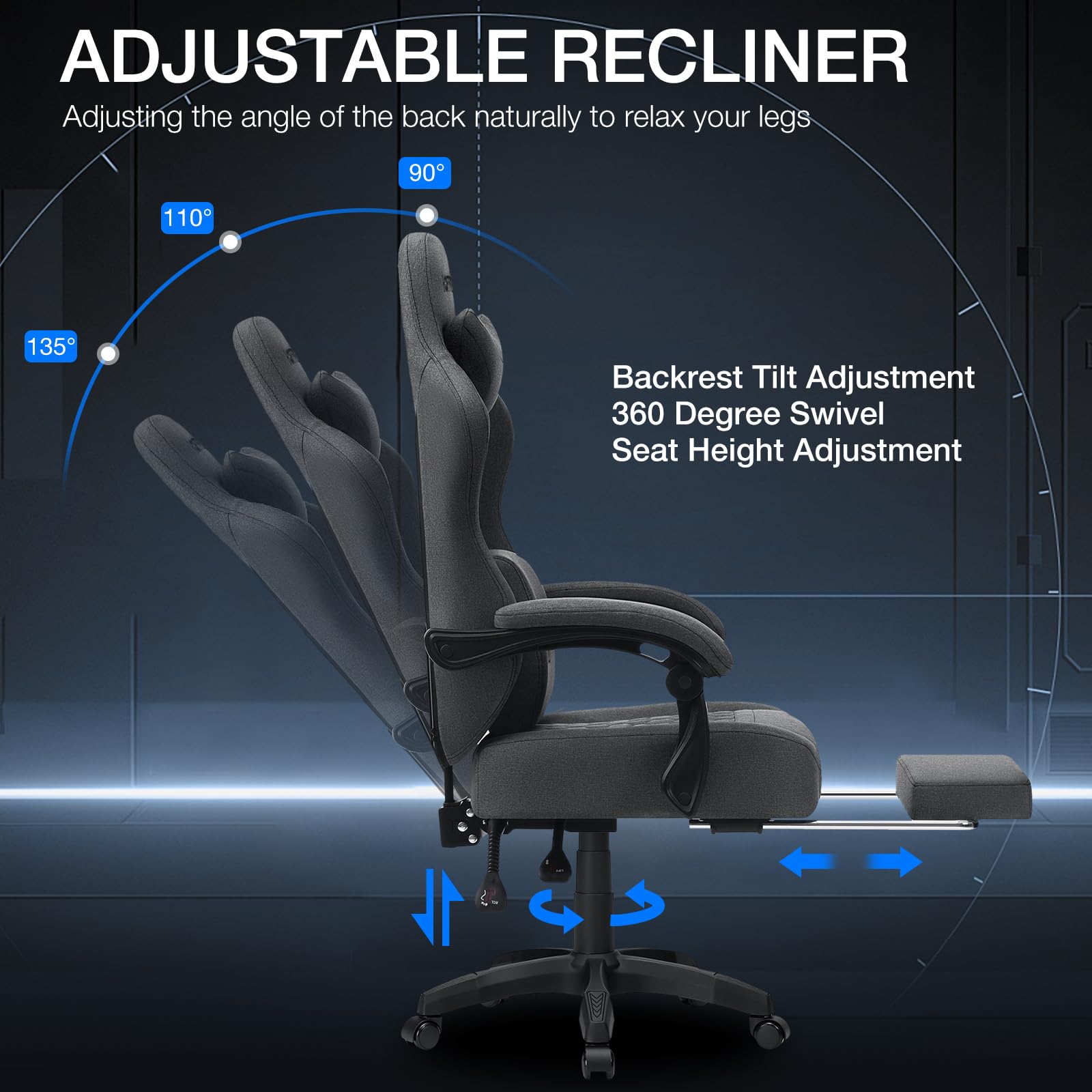 **HOFFREE Ergonomic Gaming Chair with Pocket Spring Cushion & Massage - Reclining Computer Chair with Lumbar Support & Footrest - Breathable Fabric for Adults (Gray) - Perfect for PC Gaming, Office Work & Home Use**