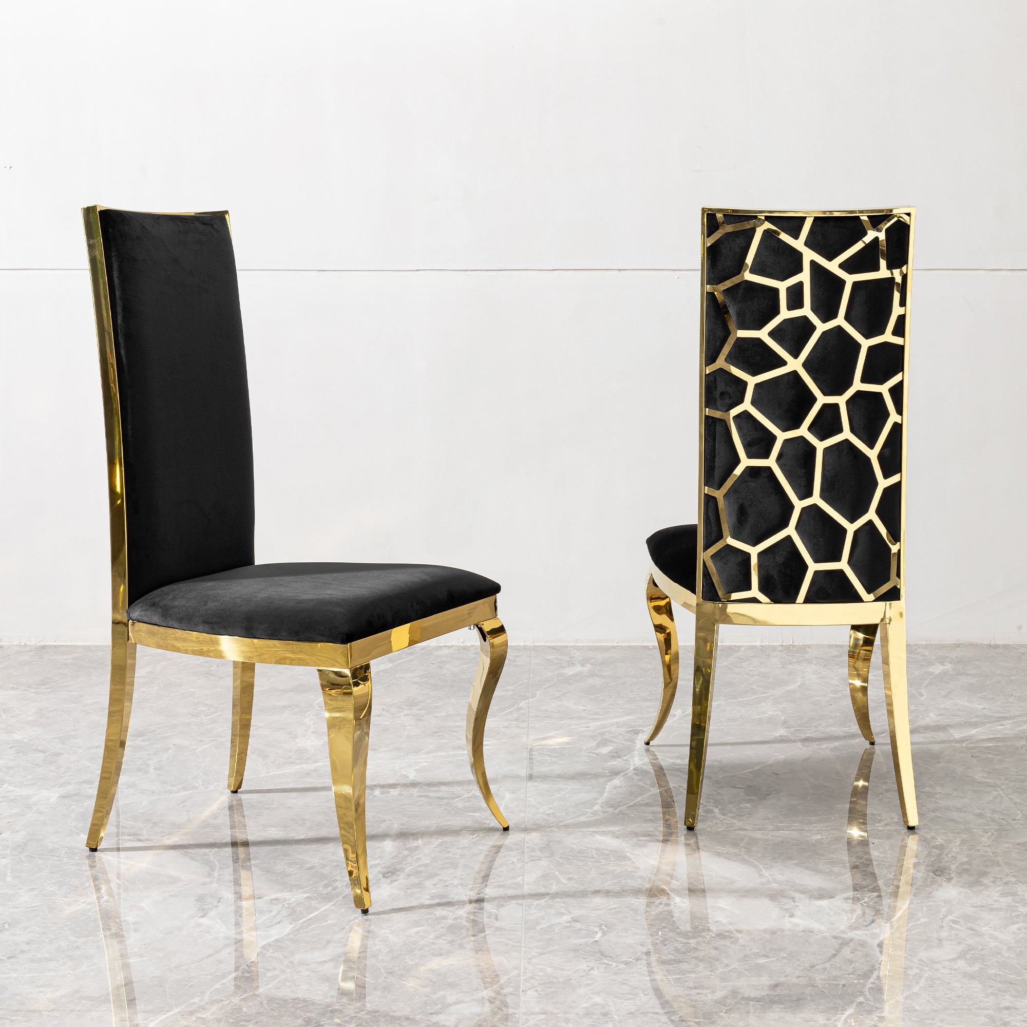 Luxury Black Velvet Dining Chairs Set of 2 - Modern Gold Stainless Steel Legs with Unique Design Backrest for Elegant Home Dining Room & Kitchen Decor