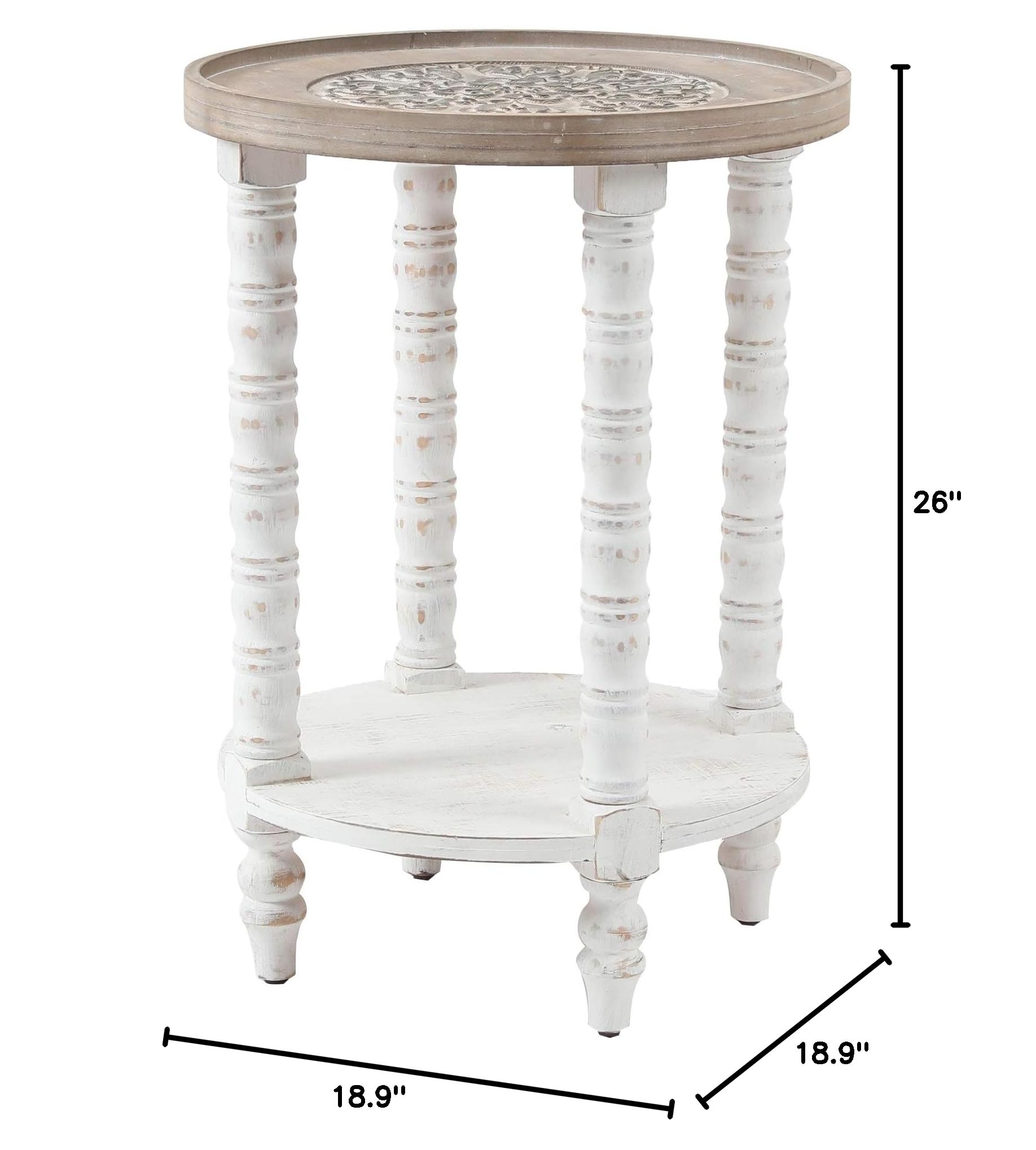 Distressed White Wood Round Accent Table with Shelf - Natural MDF Finish for Living Room, Bedroom & Entryway Decor