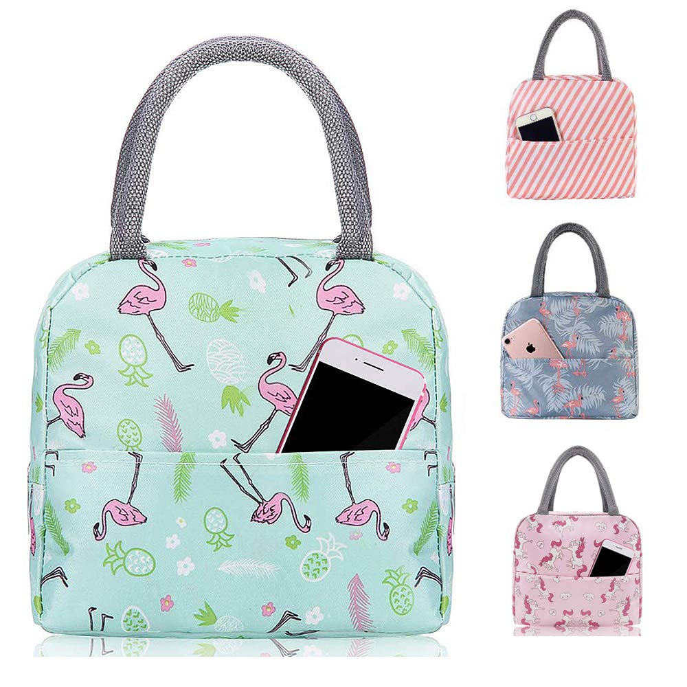Insulated Lunch Bag Leakproof - Wide Opening Tote Cooler Bag for Women, Men & Kids - Perfect for School, Work, Picnic & Outdoor Travel - (Green Flamingo Design)