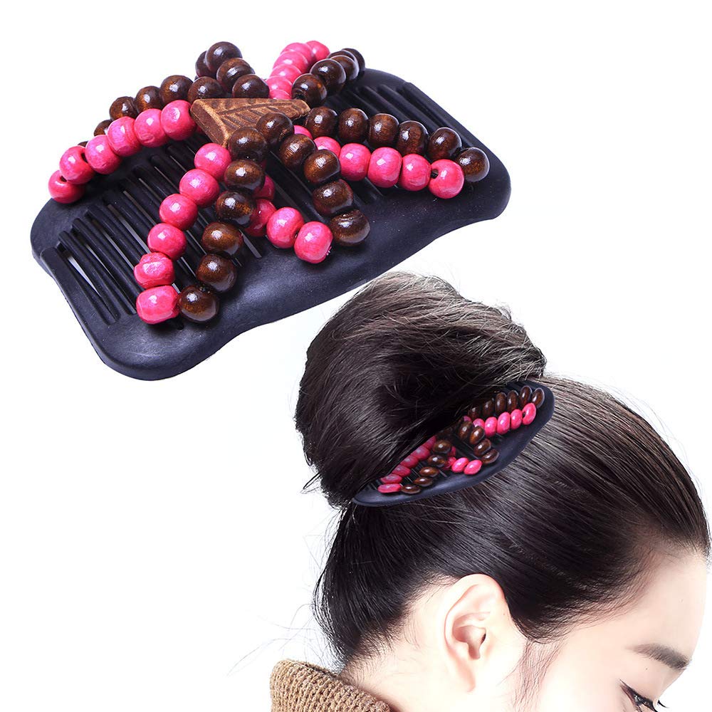 3 Pack Wooden Beaded Hair Combs - Double Sided Magic Hair Clips & Bun Makers for Women (Random Colors) | Perfect for Updos, Ponytails & Everyday Styling