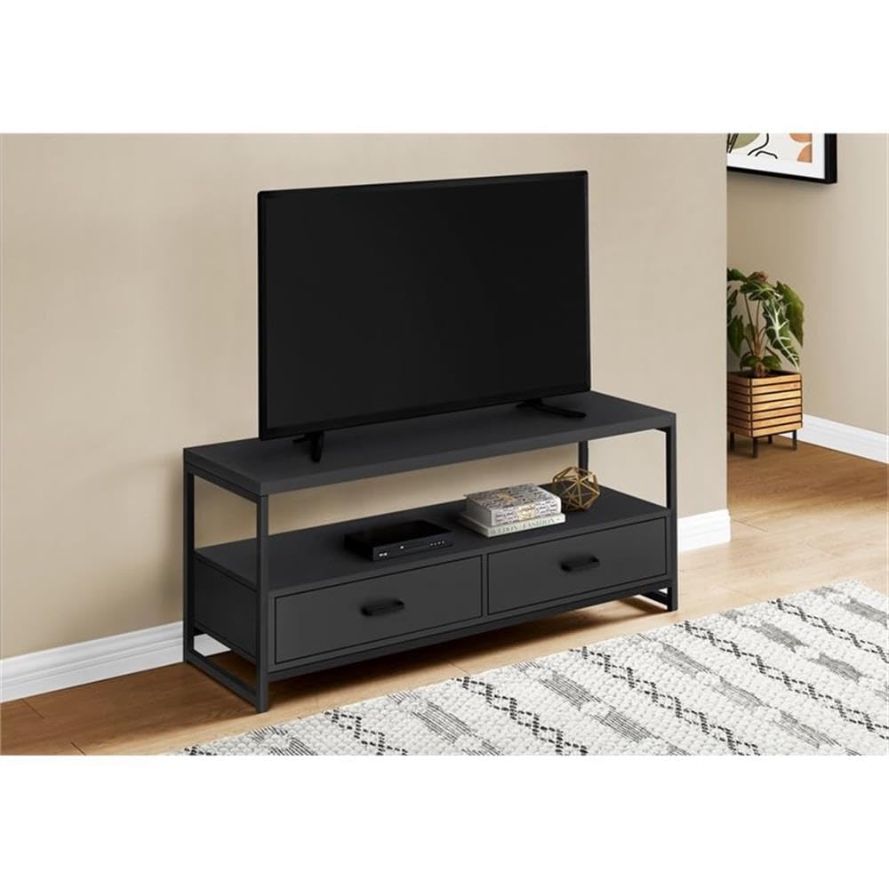 Monarch Specialties 48 Inch TV Stand with Storage Drawers - Modern Black Entertainment Center for Living Room & Bedroom - Durable Laminate & Metal Console - Perfect for Home Theater Setup & Media Organization