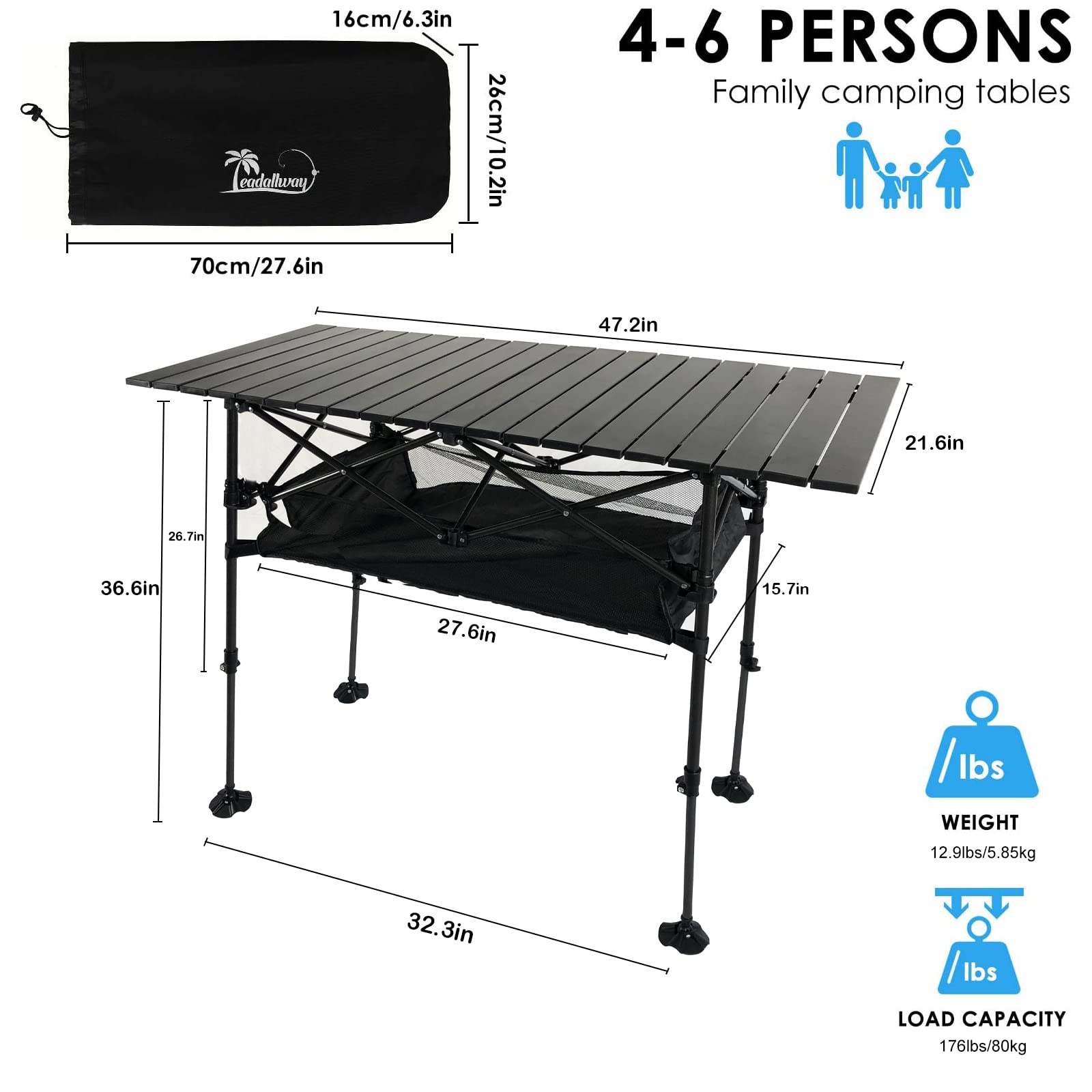 LEADALLWAY Adjustable Height Aluminum Camping Table - Folding Portable Outdoor Picnic Table with Large Storage Organizer & Carrying Bag (47