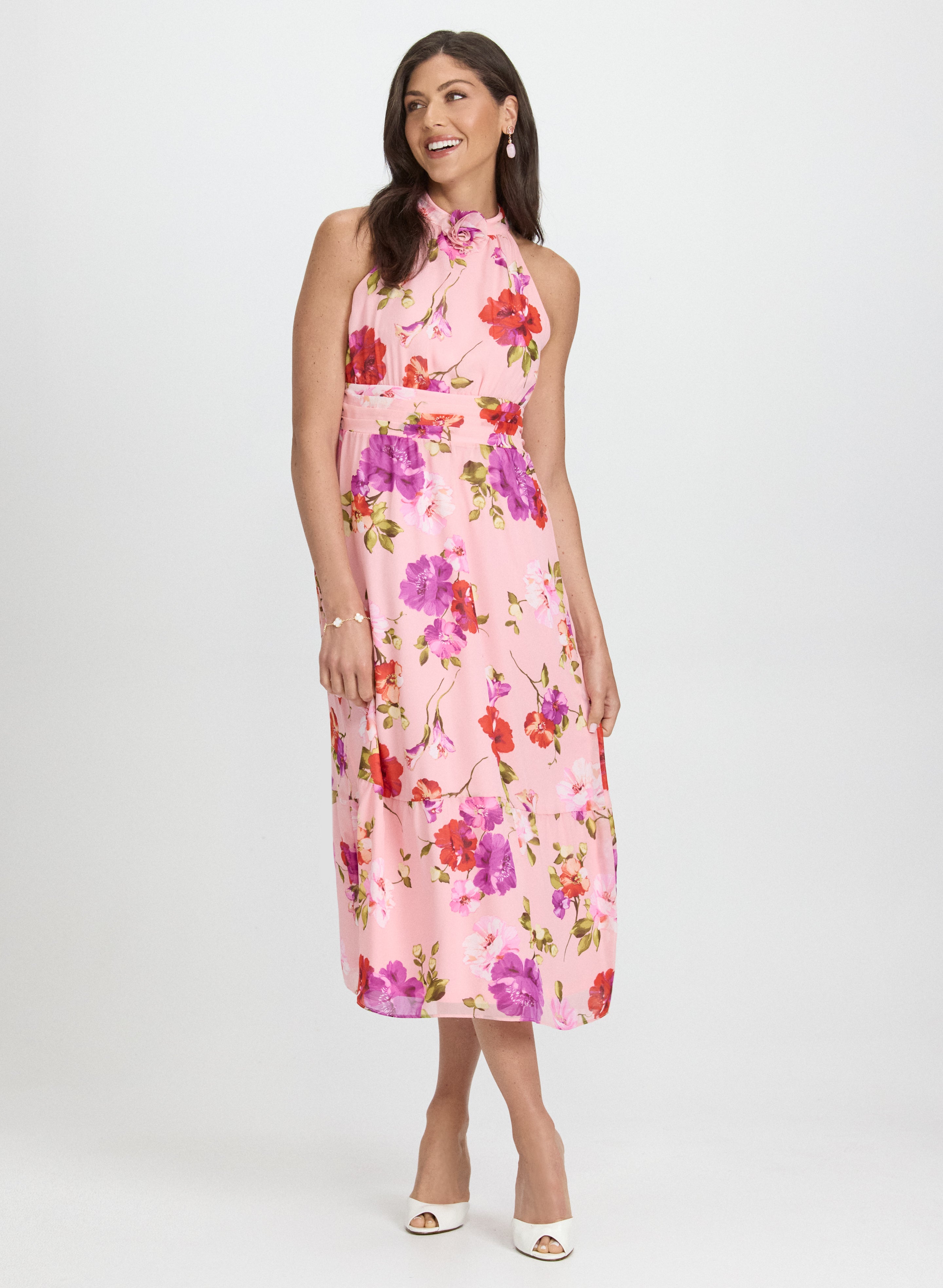 Floral Rosette Embellished Dress for Women - Elegant Party & Wedding Guest Outfit - Perfect for Special Occasions, Date Nights & Formal Events