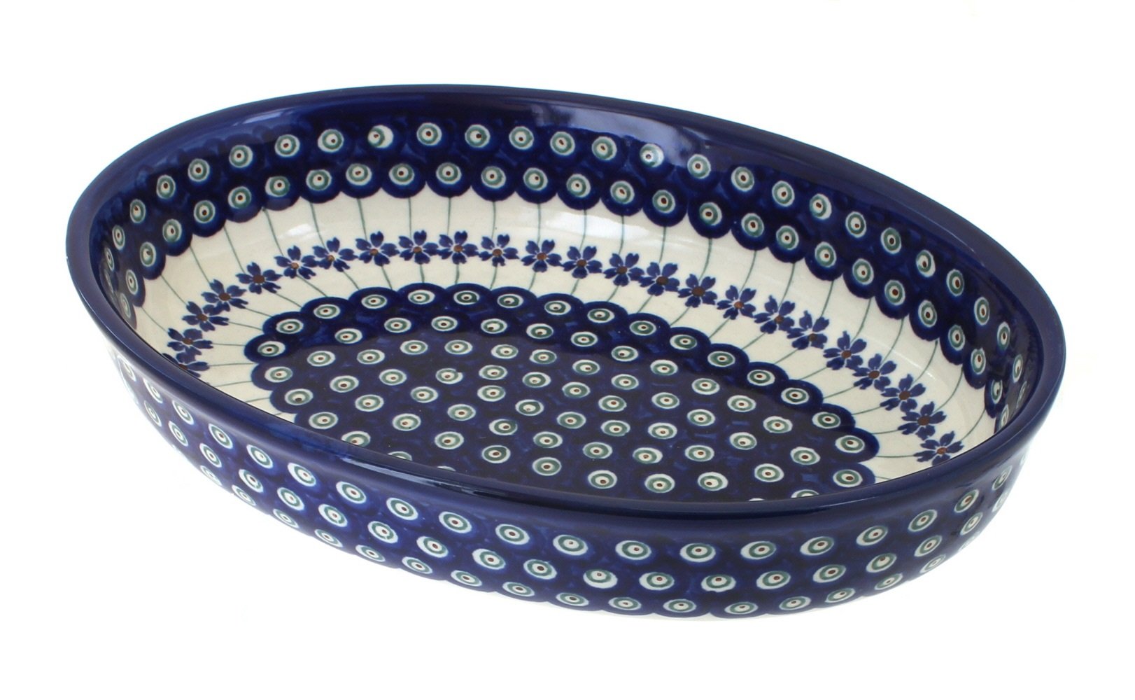 Handmade Blue Rose Polish Pottery Peacock Design Small Oval Baker - Perfect for Baking, Serving & Home Decor