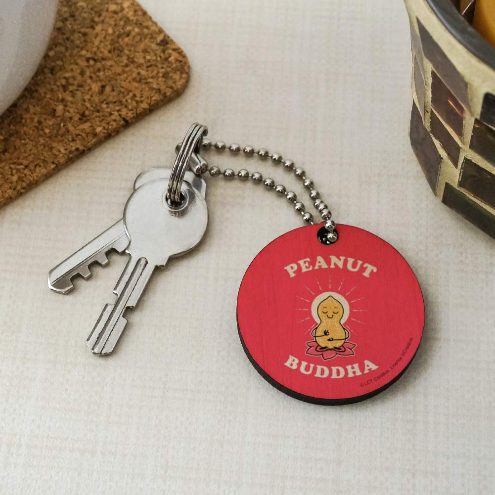 Funny Peanut Buddha Butter Keychain - Wooden Round Key Ring for Humor Lovers - Perfect for Gifts, Keychains & Backpacks